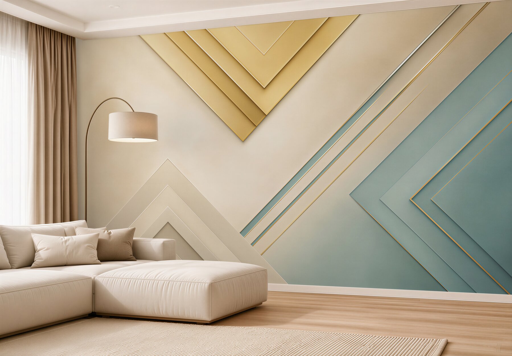 Fototapeta geometryczne panele beżowo błękitne ze złotymi akcentami?v23