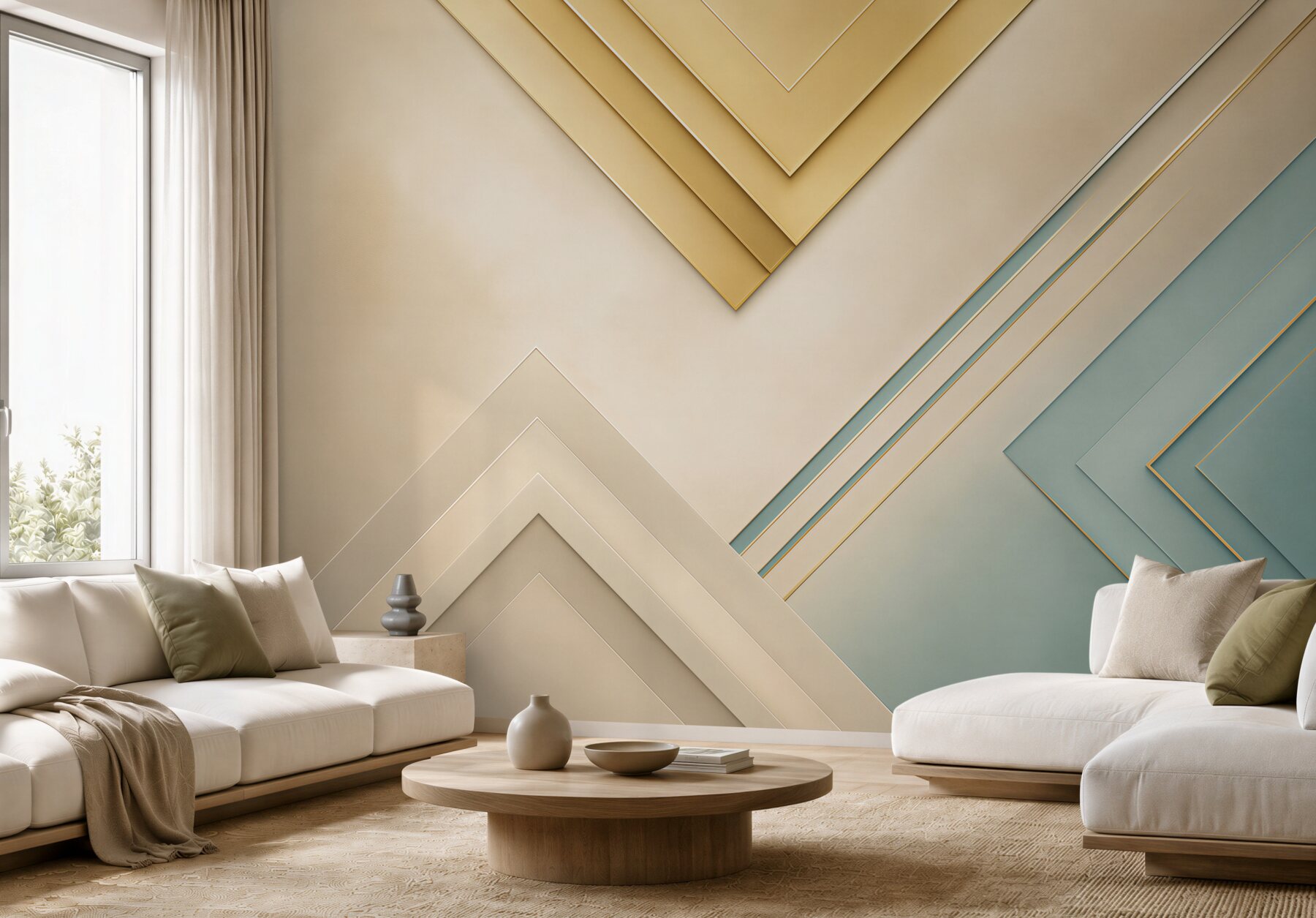 Fototapeta geometryczne panele beżowo błękitne ze złotymi akcentami?v23