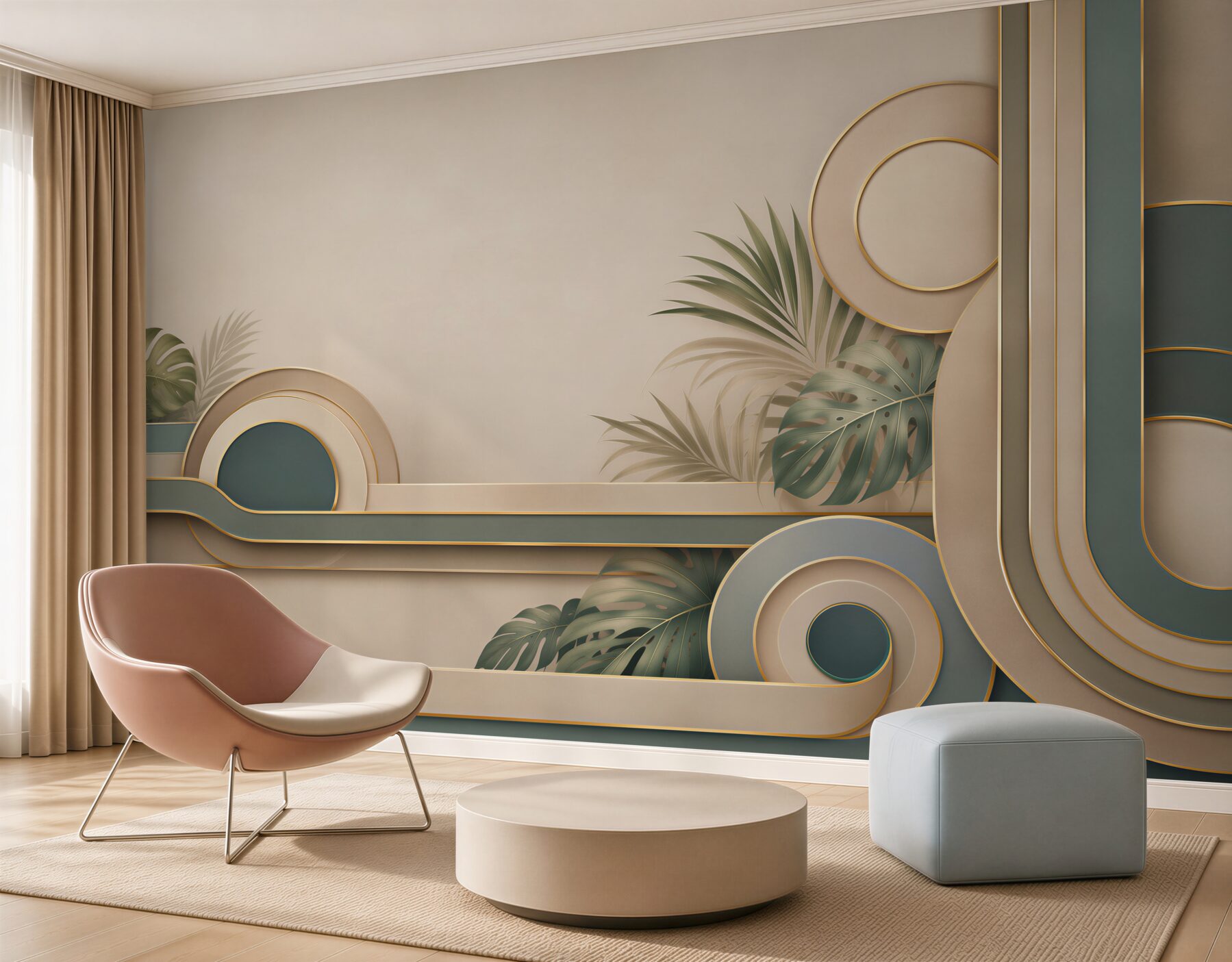 Fototapeta liście tropikalne i geometryczne formy beżowo zielone art déco?v23