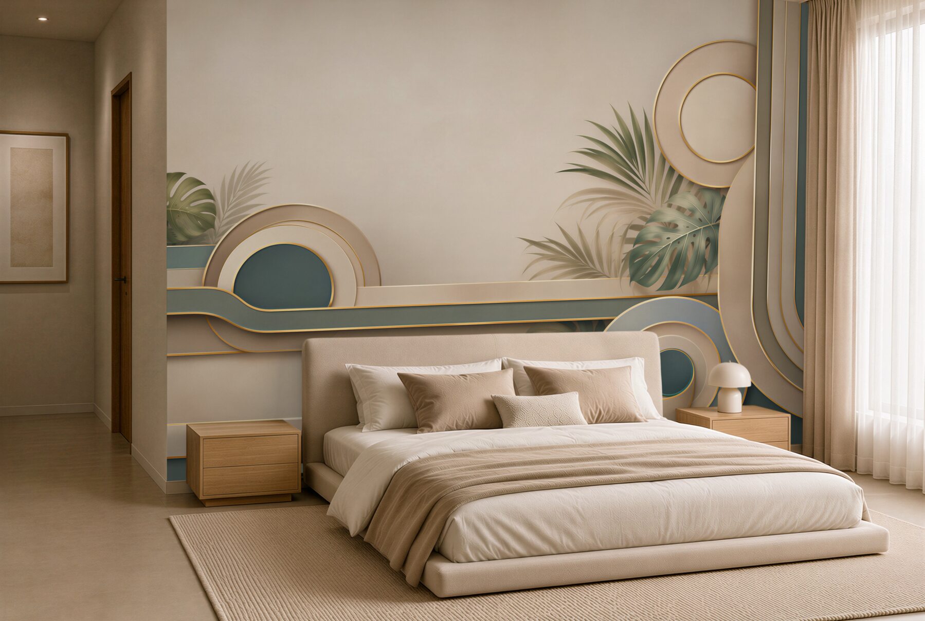 Fototapeta liście tropikalne i geometryczne formy beżowo zielone art déco?v23