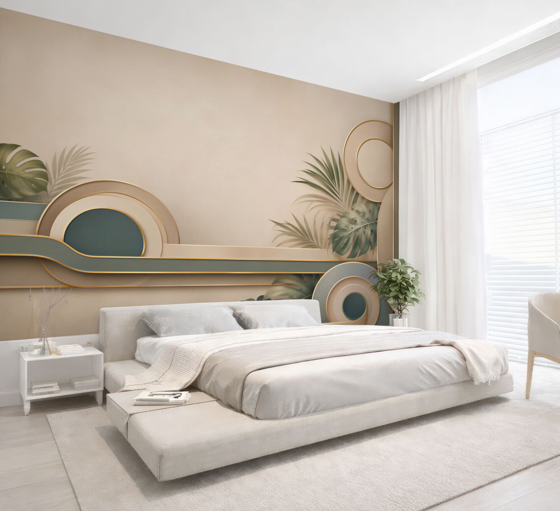 Fototapeta liście tropikalne i geometryczne formy beżowo zielone art déco?v23
