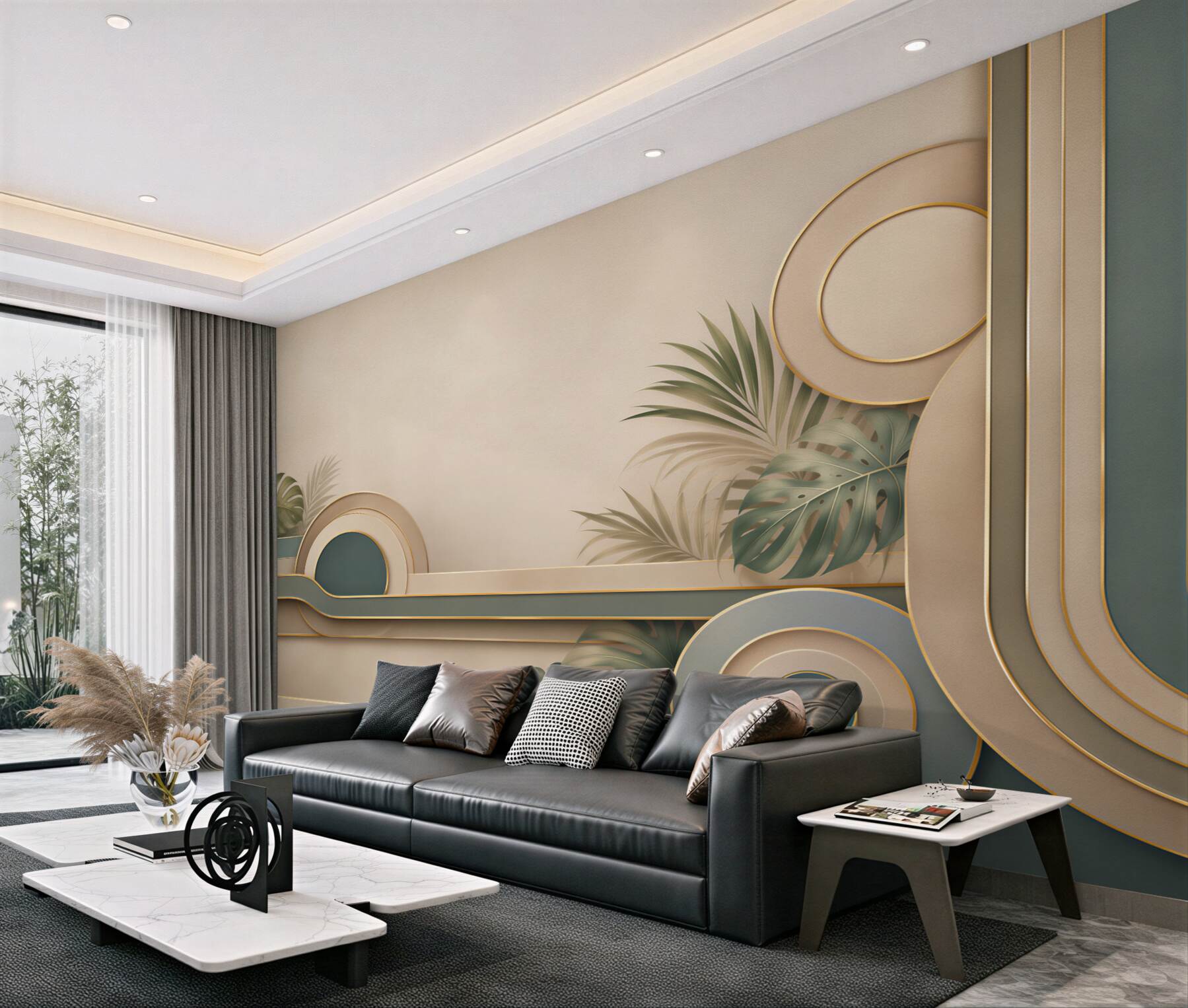 Fototapeta liście tropikalne i geometryczne formy beżowo zielone art déco?v23