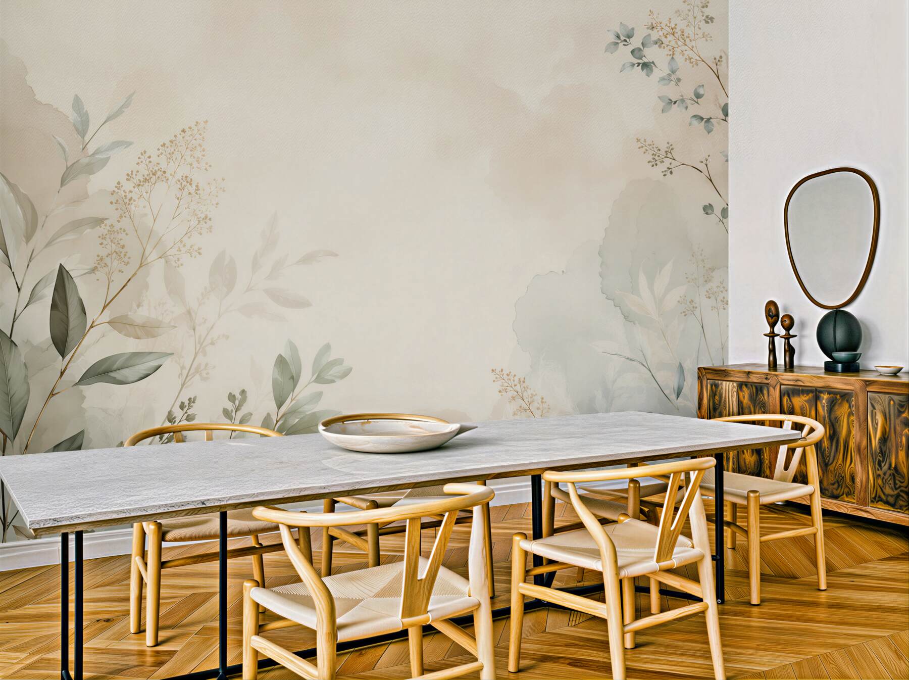 Fototapeta delikatne liście i gałązki beżowo zielone w stylu botanicznym?v23