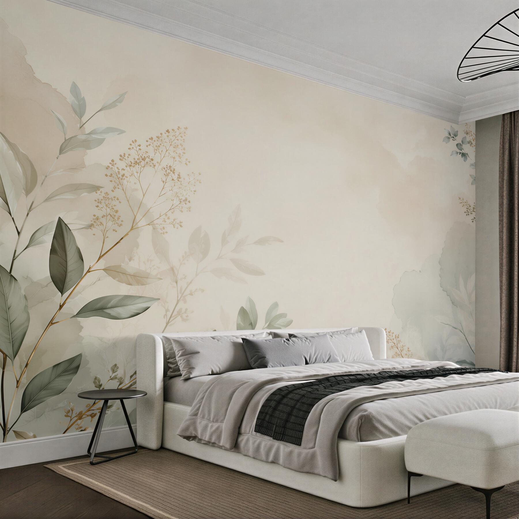 Fototapeta delikatne liście i gałązki beżowo zielone w stylu botanicznym?v23