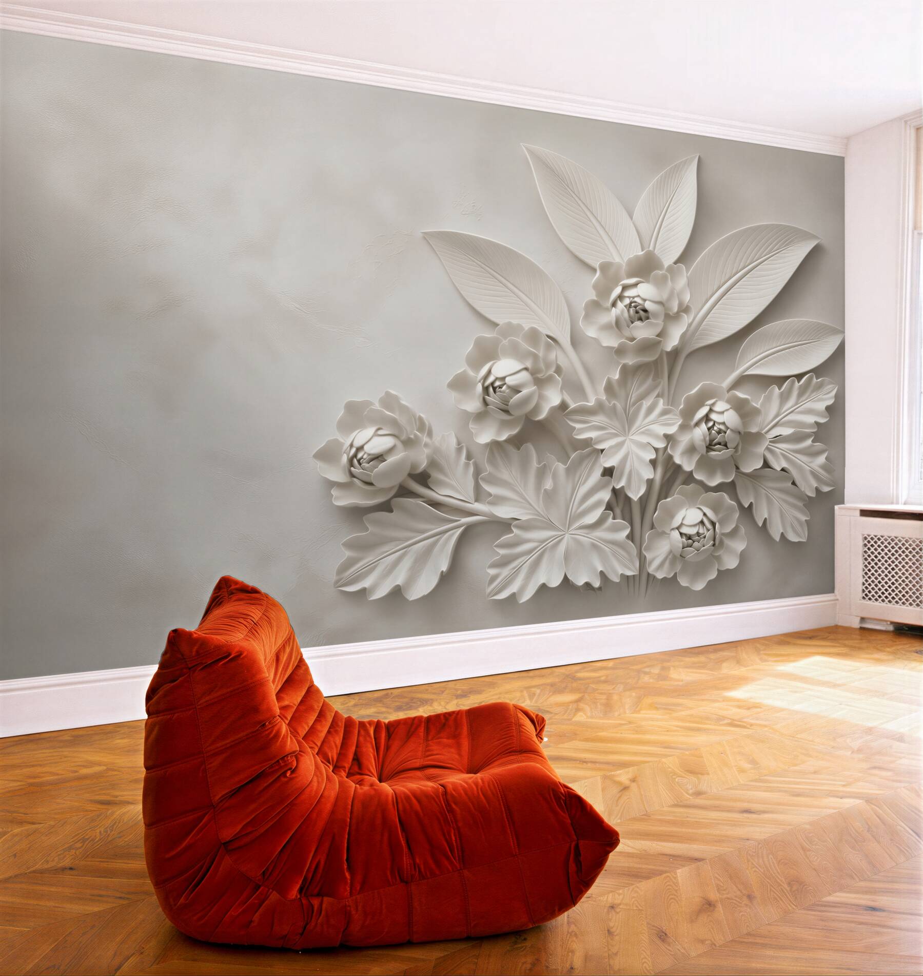 Fototapeta białe kwiaty 3D z liśćmi elegancka beżowa dekoracja ścienna?v23