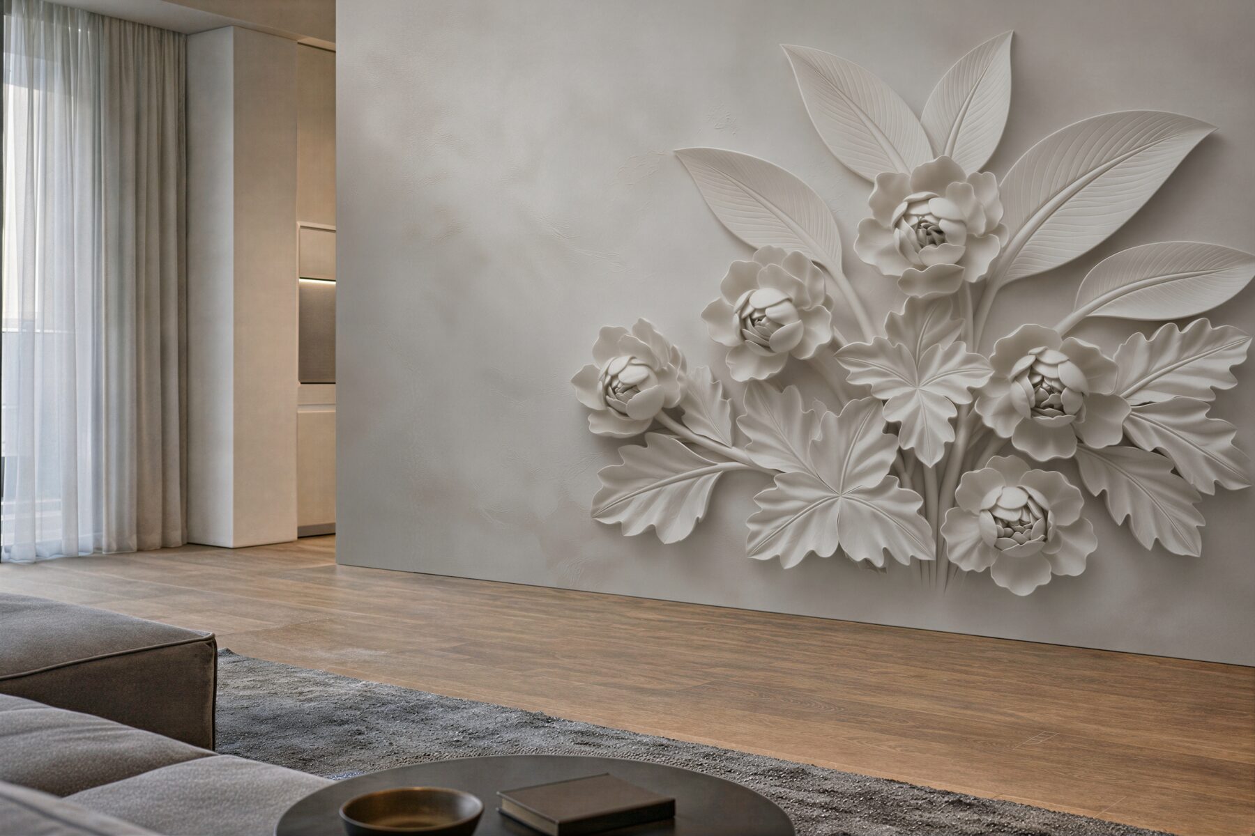 Fototapeta białe kwiaty 3D z liśćmi elegancka beżowa dekoracja ścienna?v23