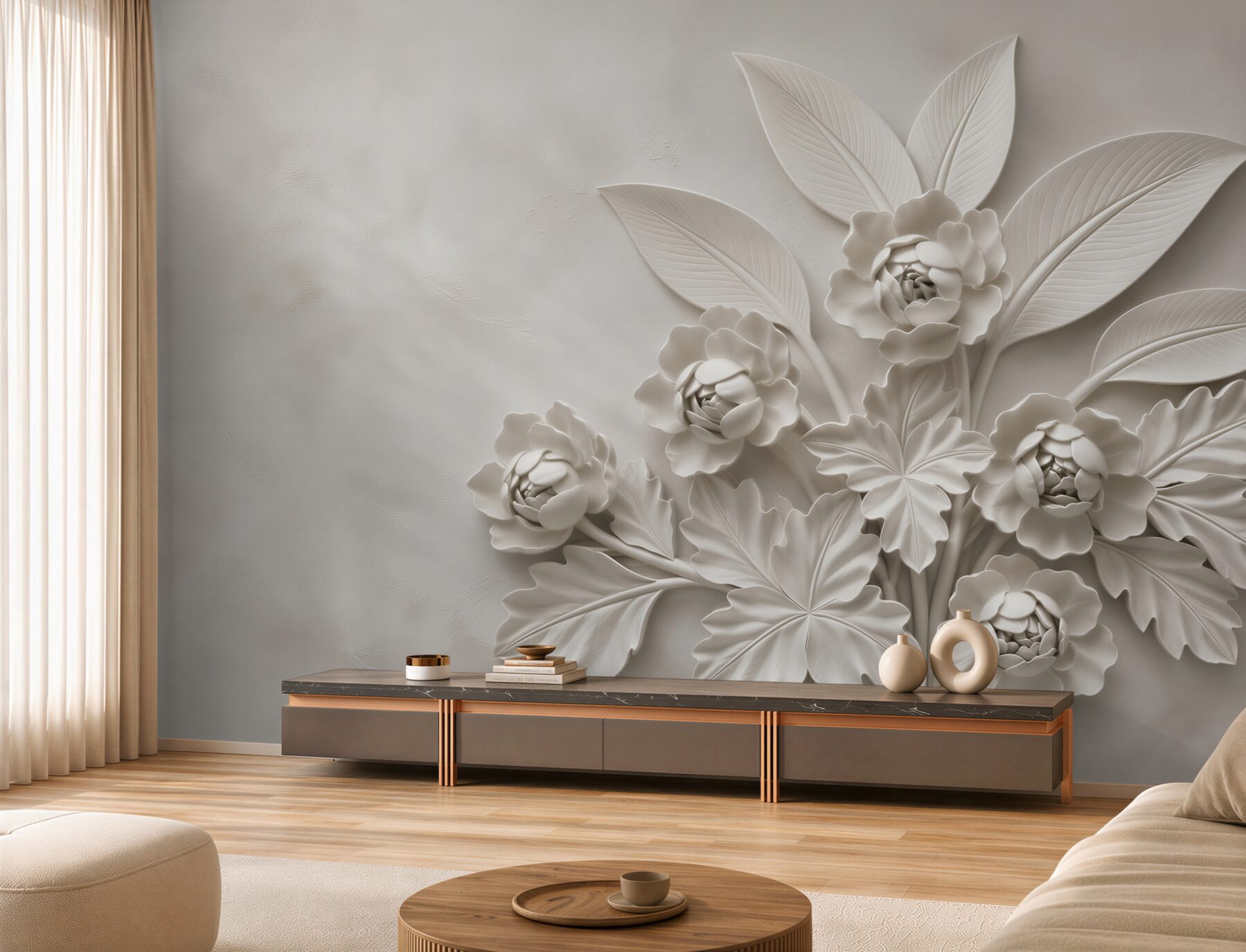 Fototapeta białe kwiaty 3D z liśćmi elegancka beżowa dekoracja ścienna?v23