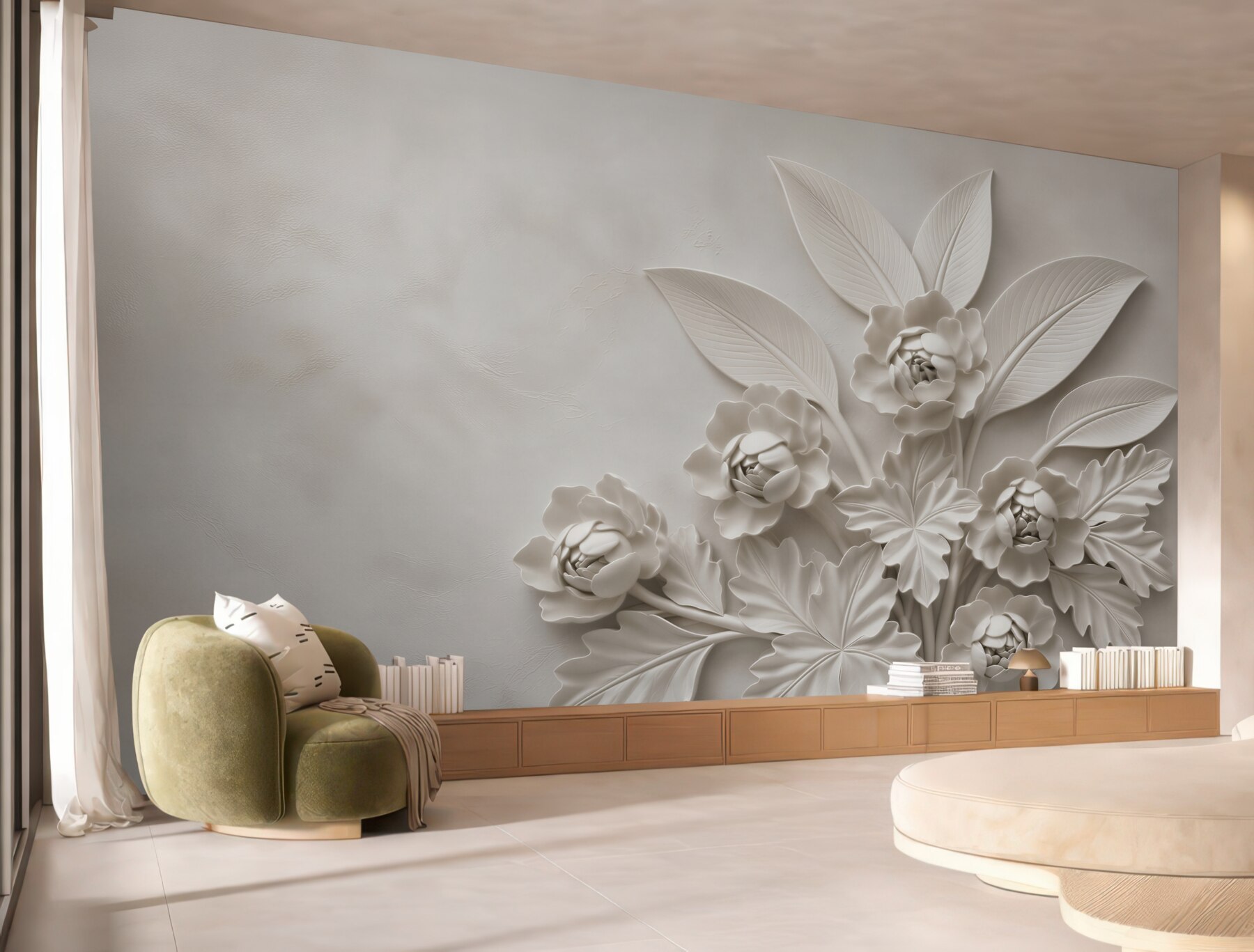 Fototapeta białe kwiaty 3D z liśćmi elegancka beżowa dekoracja ścienna?v23