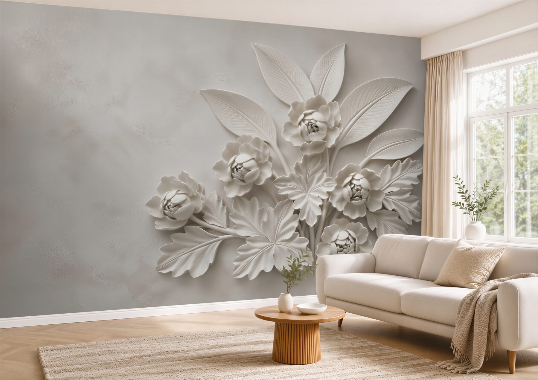 Fototapeta białe kwiaty 3D z liśćmi elegancka beżowa dekoracja ścienna?v23