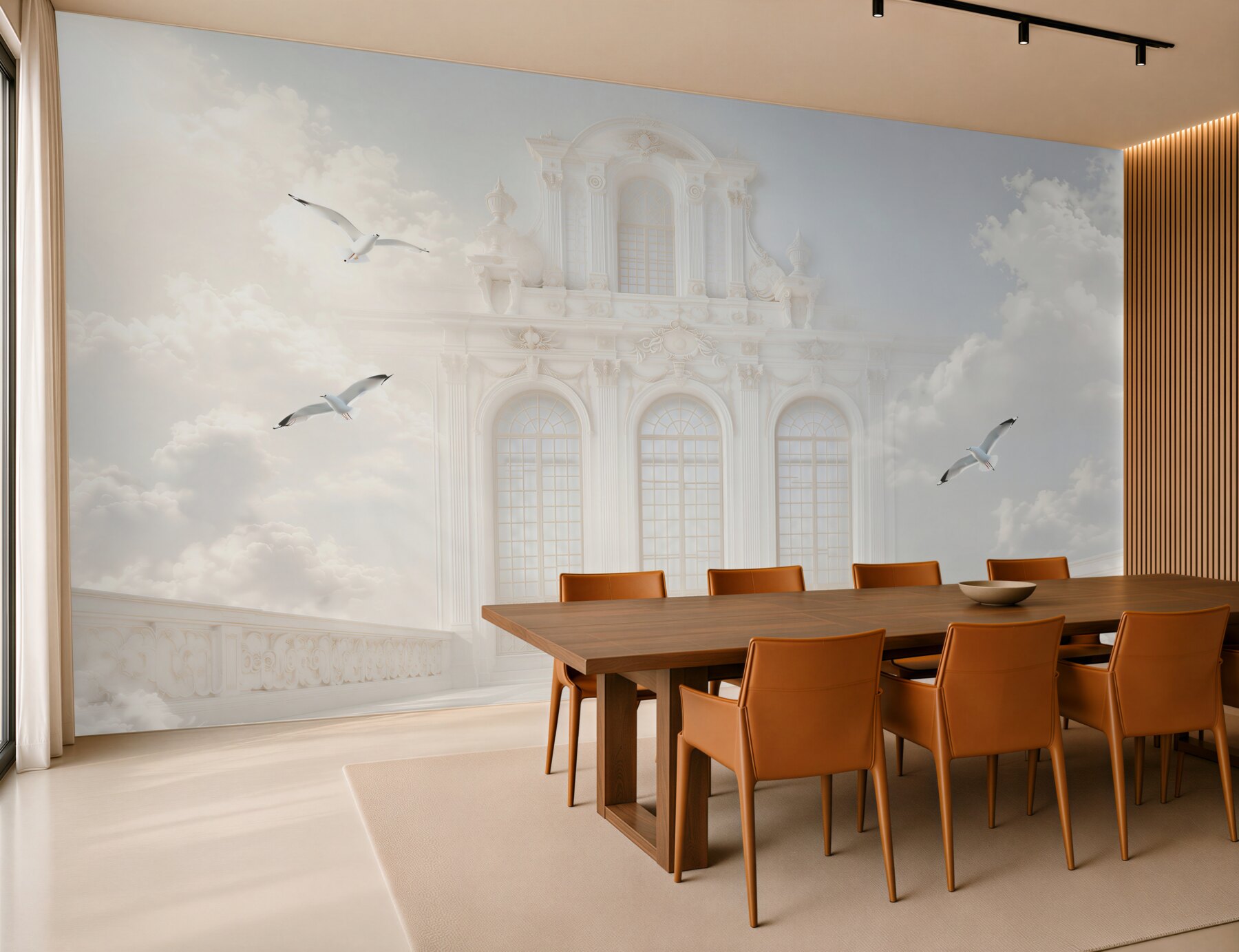 Fototapeta pałac w chmurach z mewami jasna surrealistyczna elegancja?v23