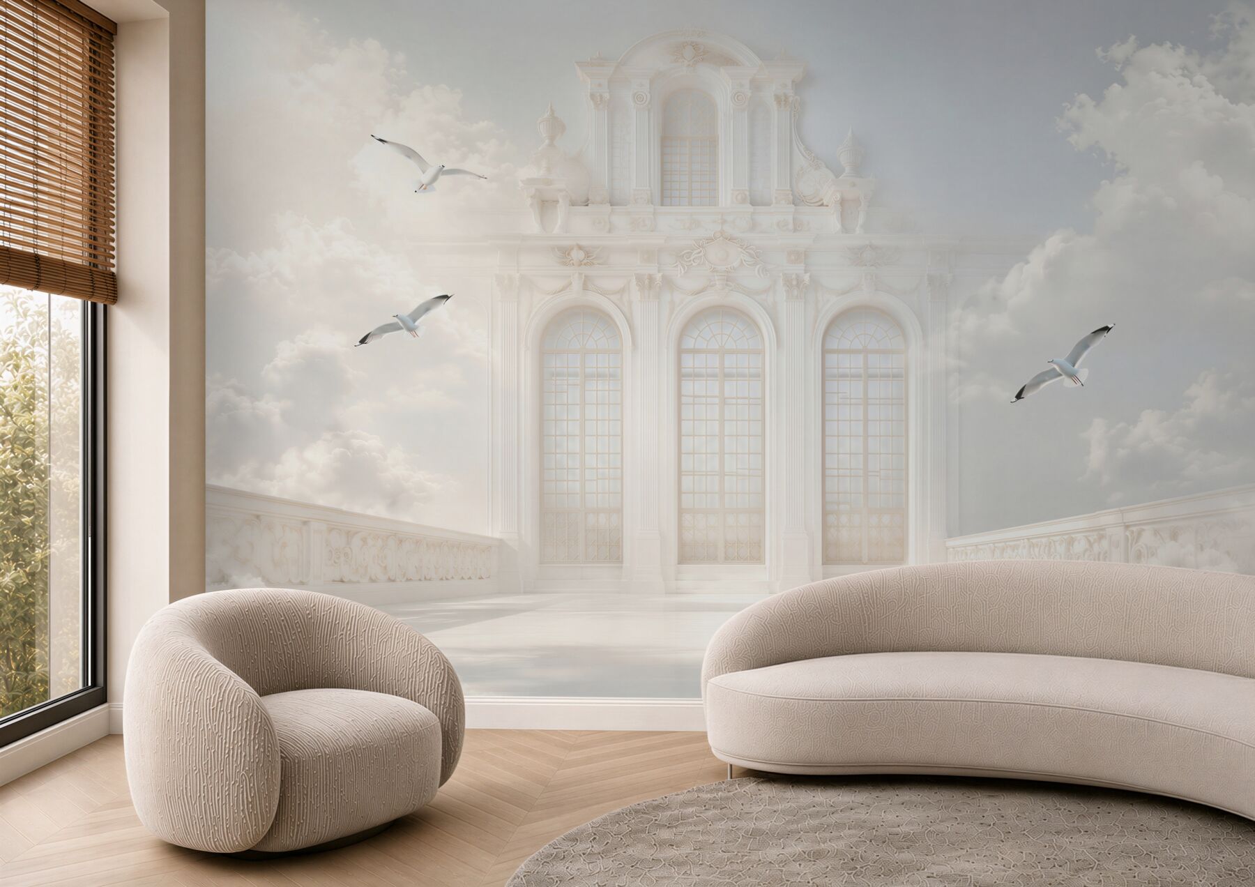 Fototapeta pałac w chmurach z mewami jasna surrealistyczna elegancja
