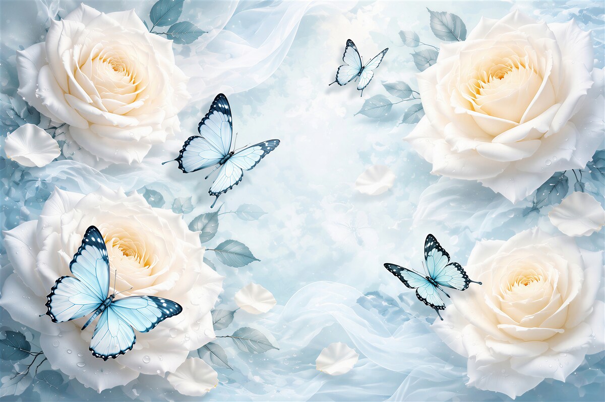 Fototapeta białe róże z błękitnymi motylami romantyczna pastelowa