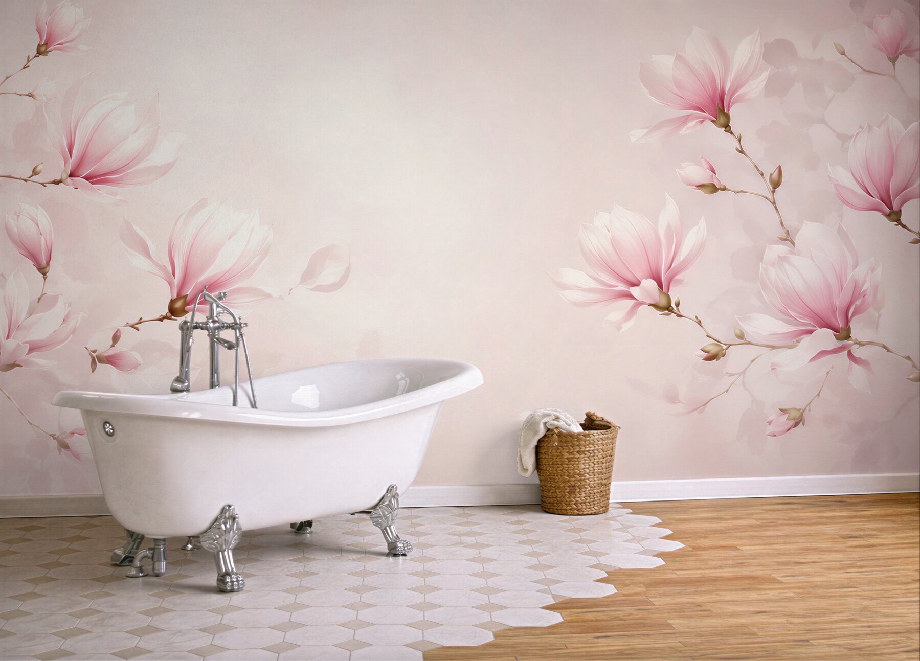 Fototapeta kwitnące magnolie różowe na pastelowym tle do sypialni?v23