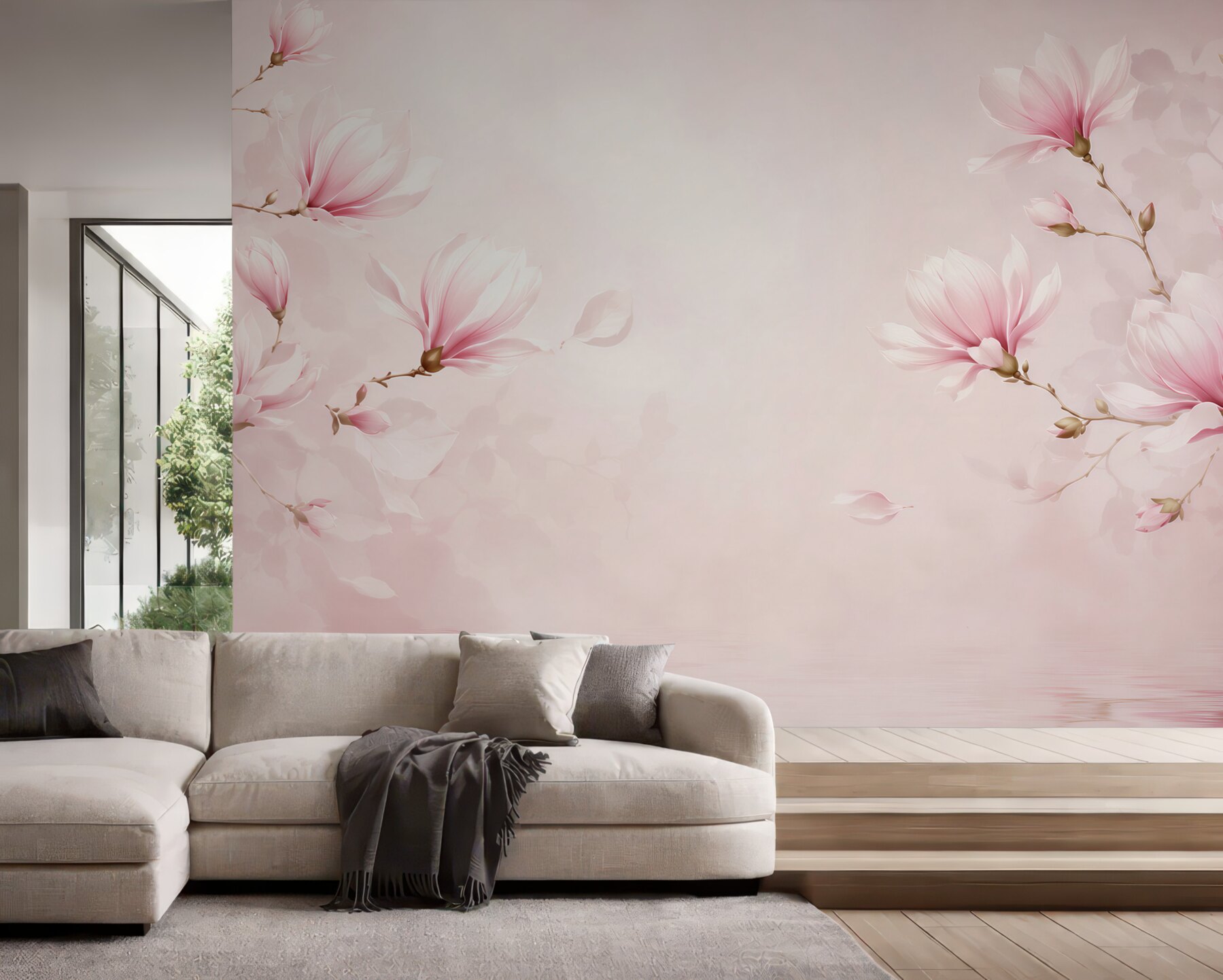 Fototapeta kwitnące magnolie różowe na pastelowym tle do sypialni