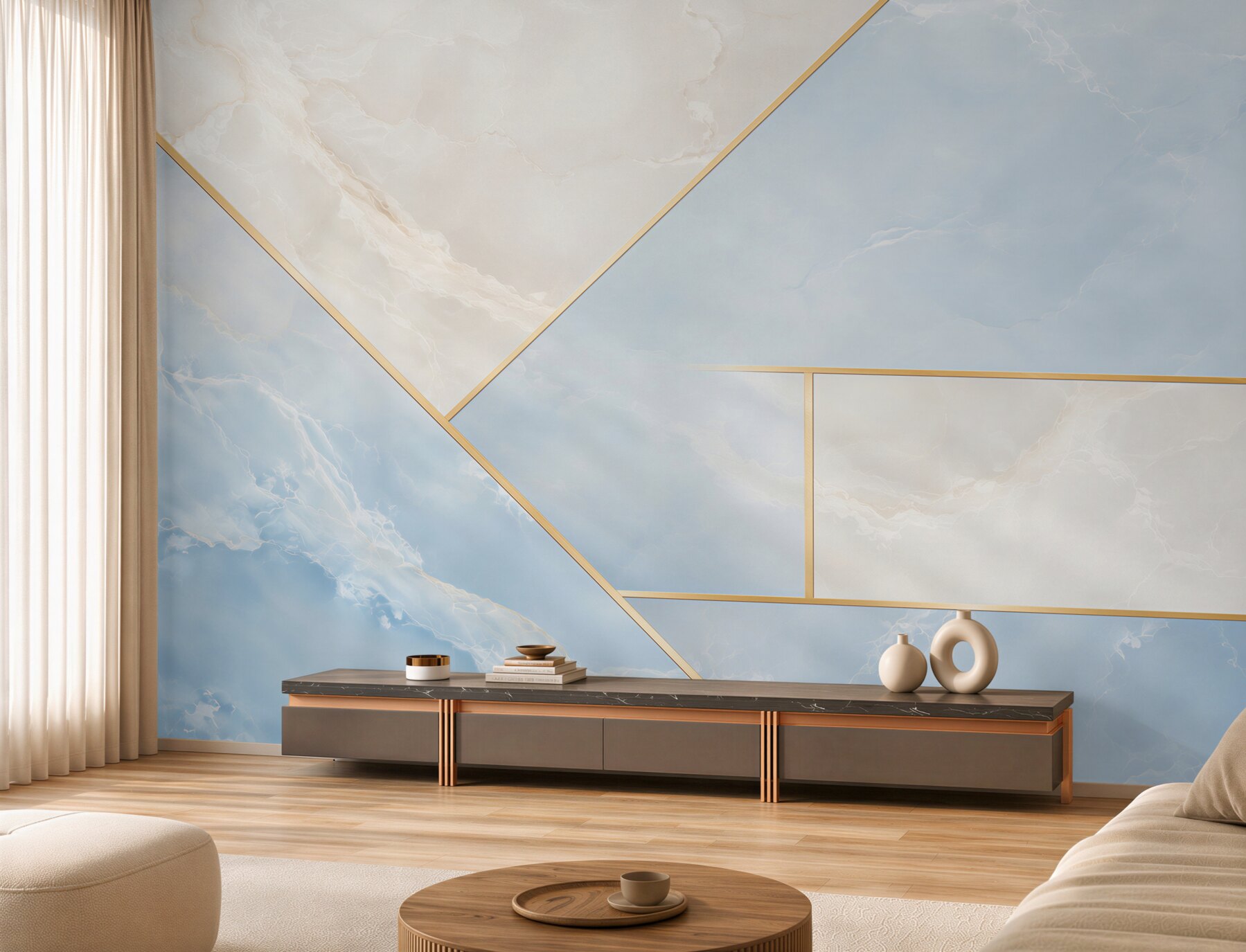 Fototapeta marmur błękitno biały ze złotymi liniami geometryczna elegancja?v23