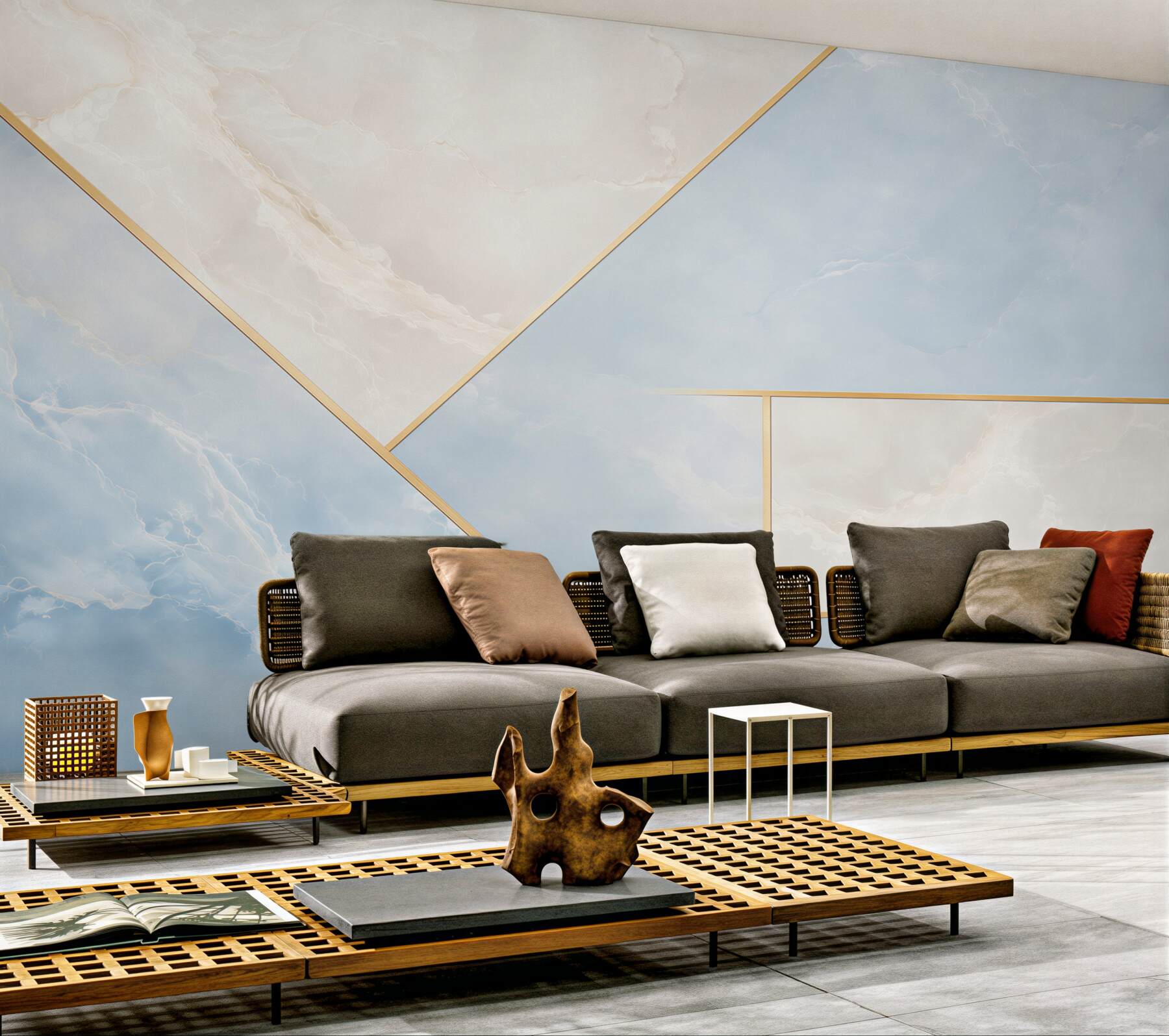 Fototapeta marmur błękitno biały ze złotymi liniami geometryczna elegancja?v23