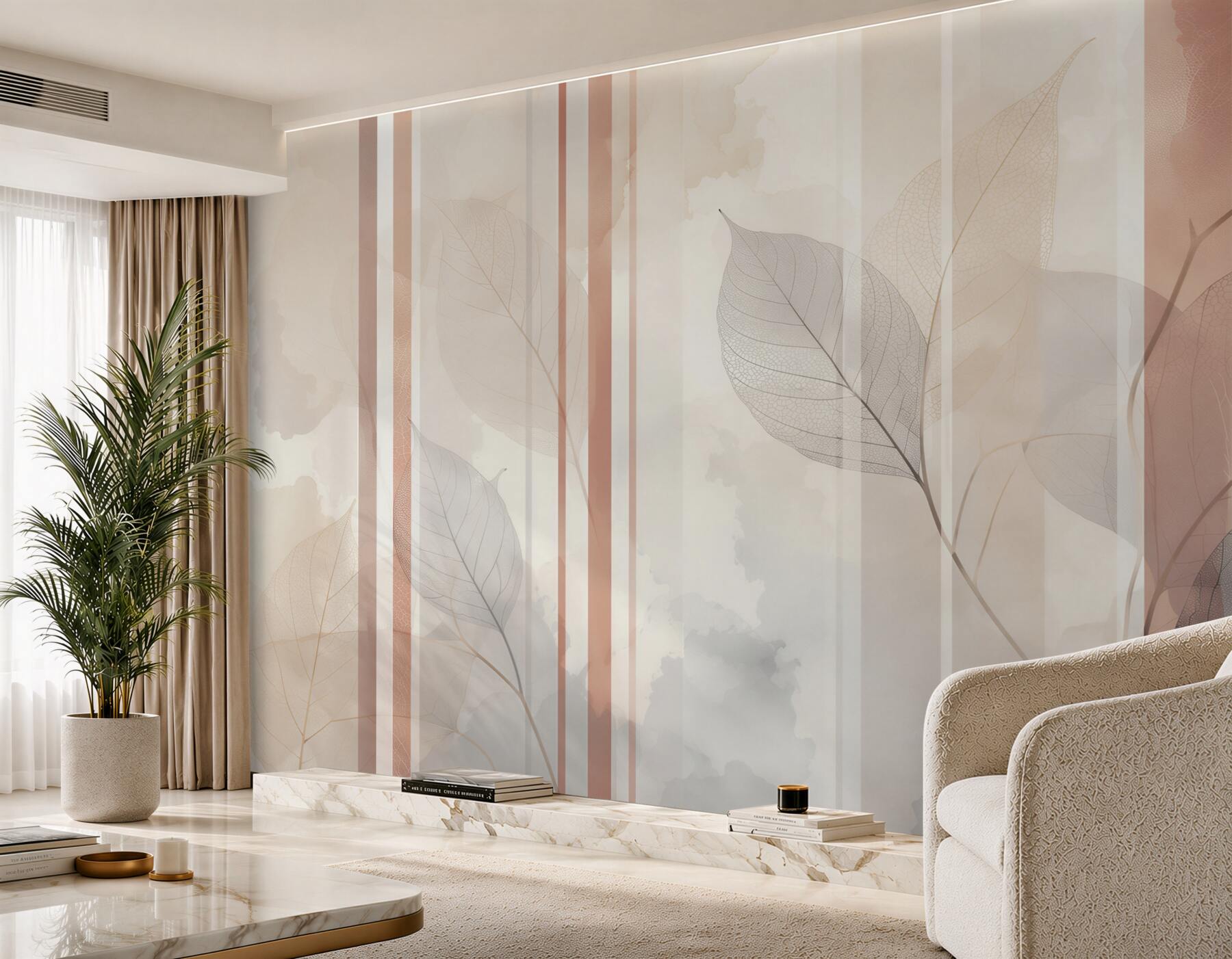 Fototapeta delikatne liście i pionowe pasy w beżowo pudrowym stylu glamour?v23