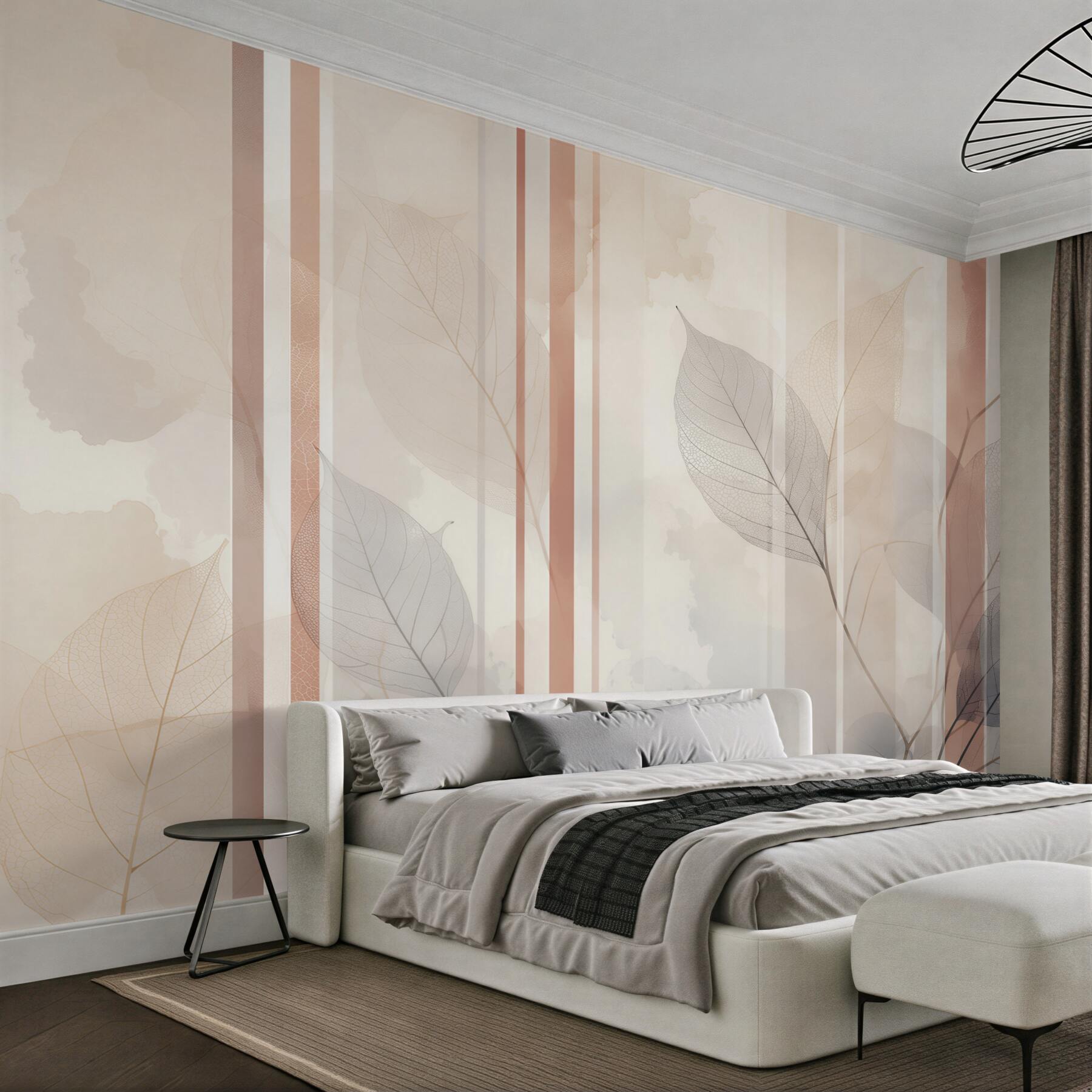 Fototapeta delikatne liście i pionowe pasy w beżowo pudrowym stylu glamour?v23