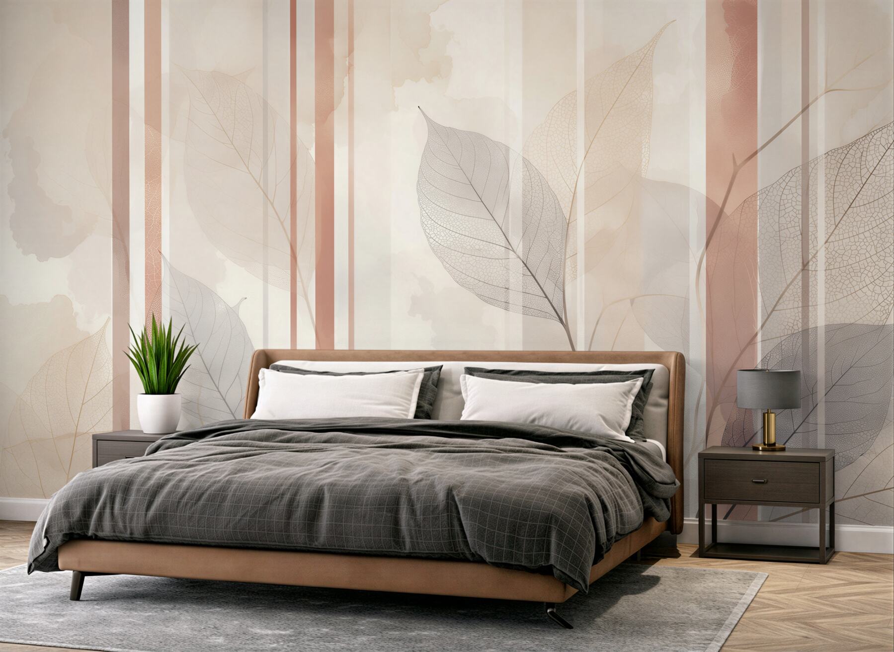 Fototapeta delikatne liście i pionowe pasy w beżowo pudrowym stylu glamour?v23