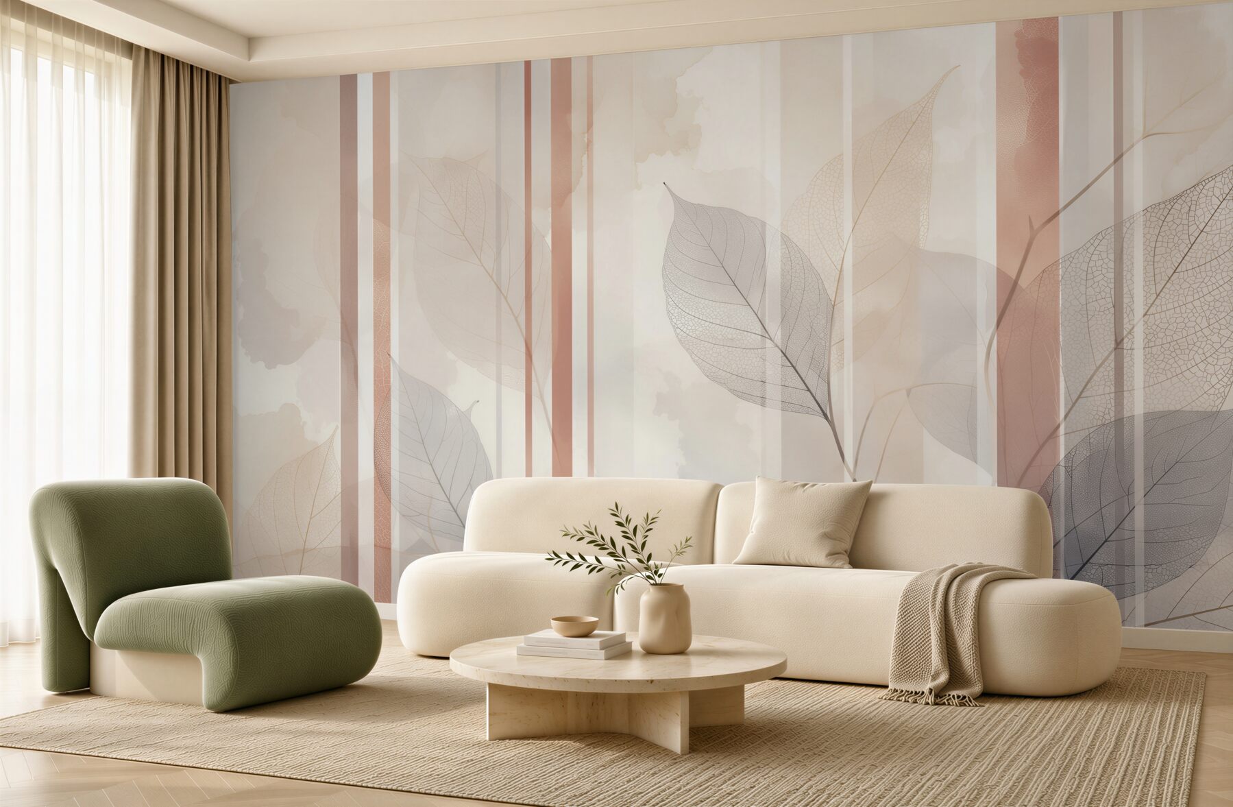Fototapeta delikatne liście i pionowe pasy w beżowo pudrowym stylu glamour?v23