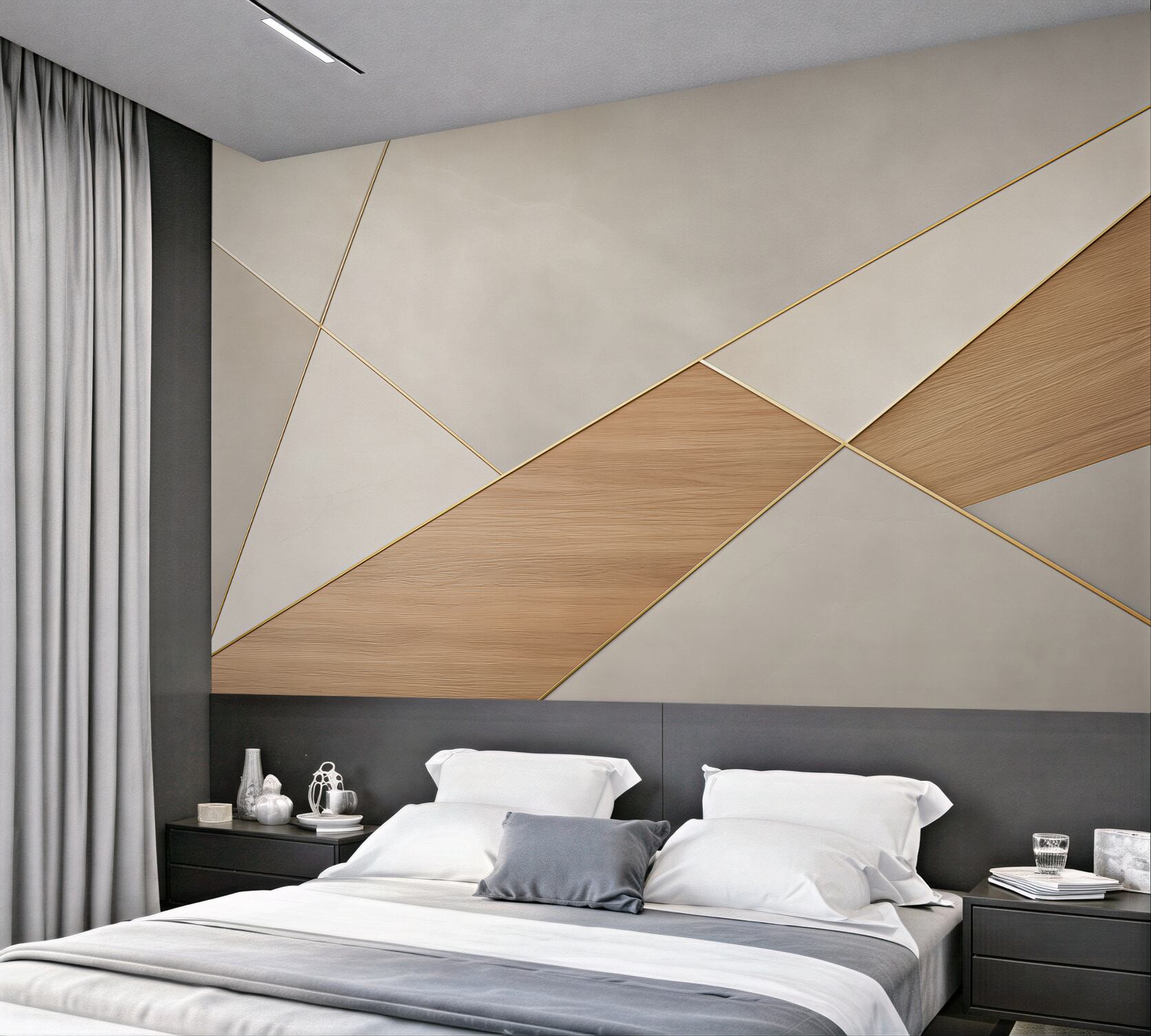 Fototapeta geometryczna beżowa z drewnem i złotymi liniami nowoczesna?v23