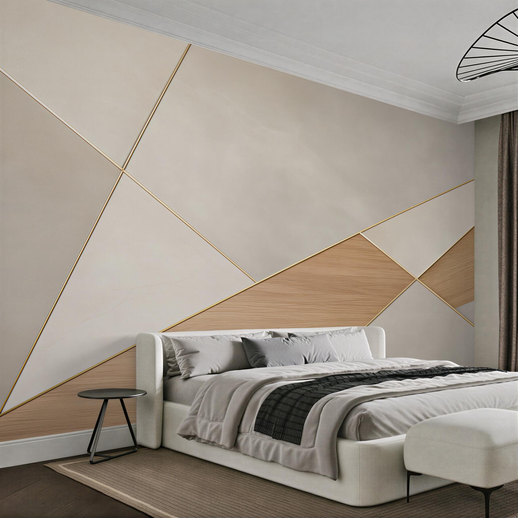 Fototapeta geometryczna beżowa z drewnem i złotymi liniami nowoczesna?v23