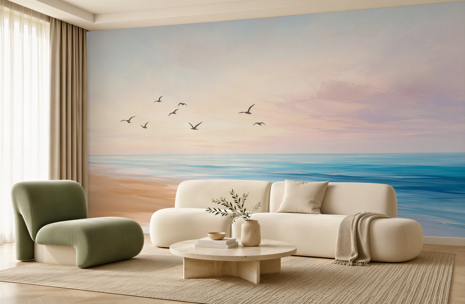 Fototapeta spokojna plaża o wschodzie słońca z lecącymi ptakami?v23