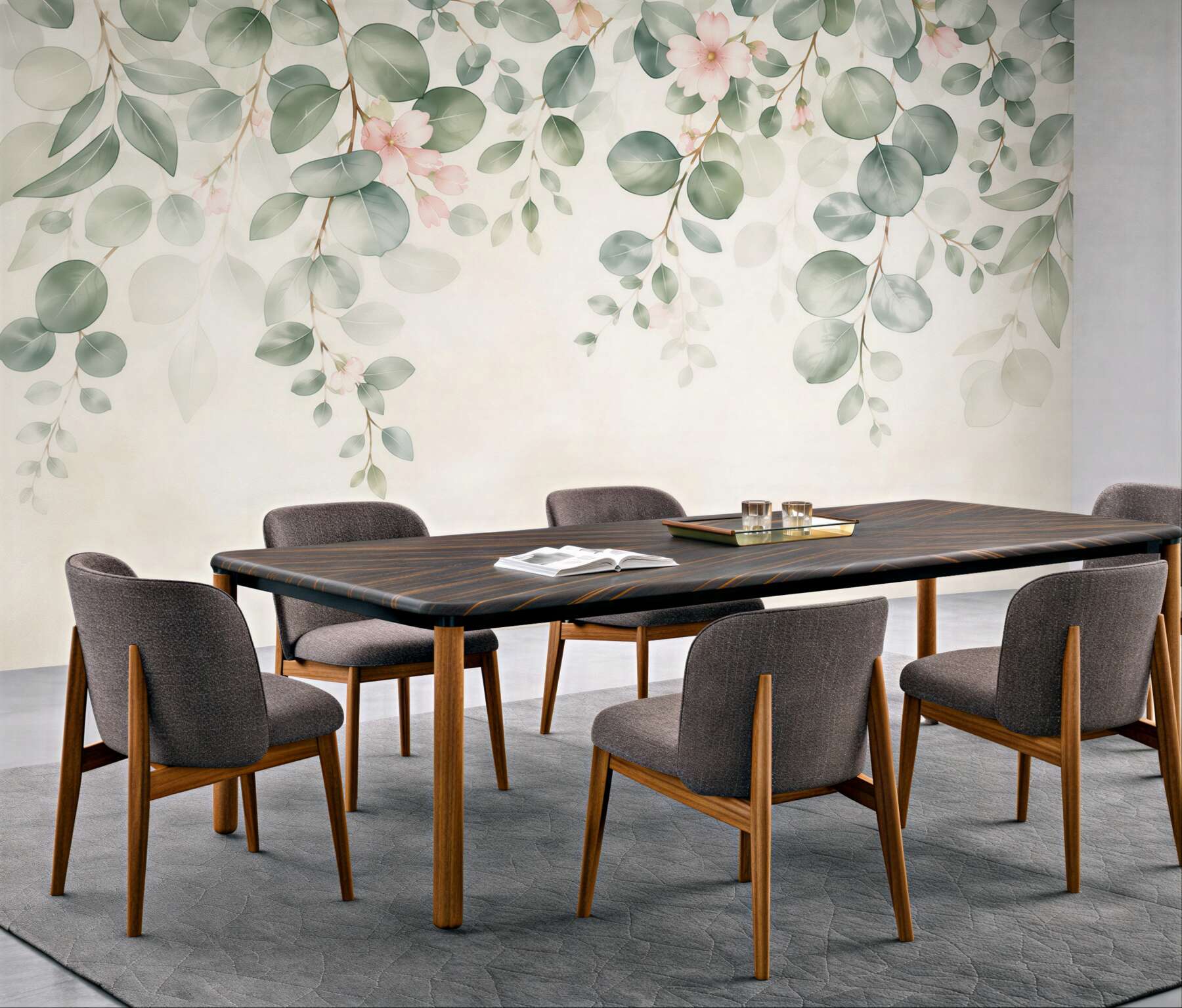 Fototapeta zielone liście i delikatne różowe kwiaty w stylu botanicznym?v23