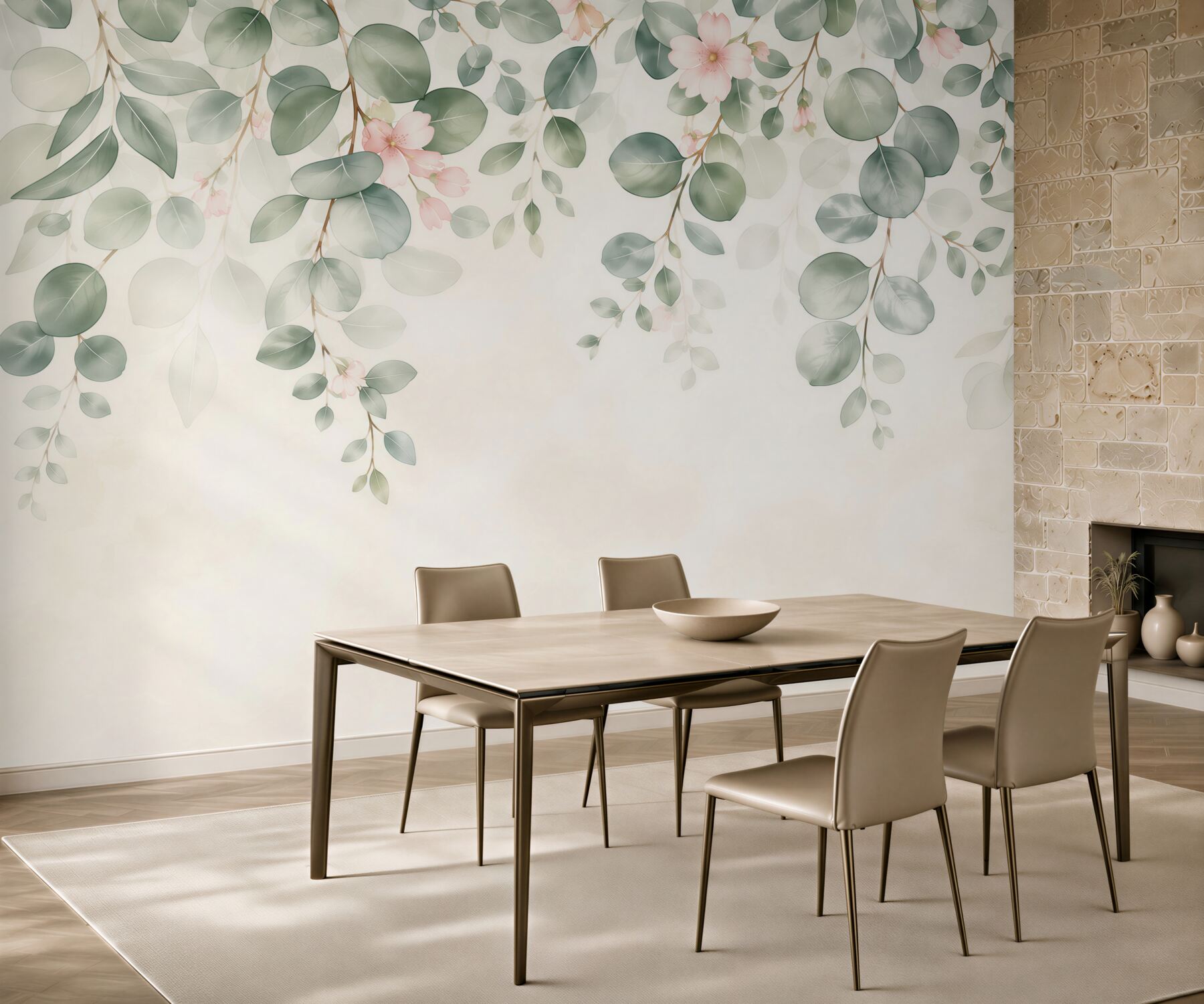 Fototapeta zielone liście i delikatne różowe kwiaty w stylu botanicznym?v23