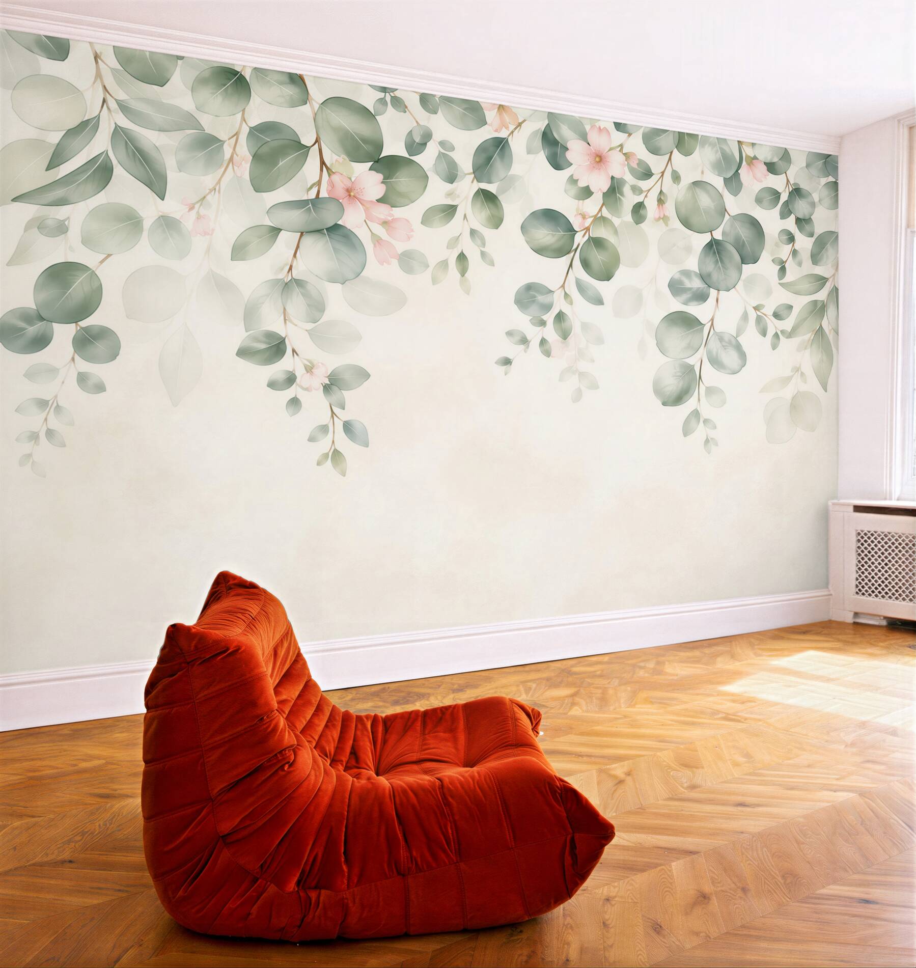 Fototapeta zielone liście i delikatne różowe kwiaty w stylu botanicznym?v23