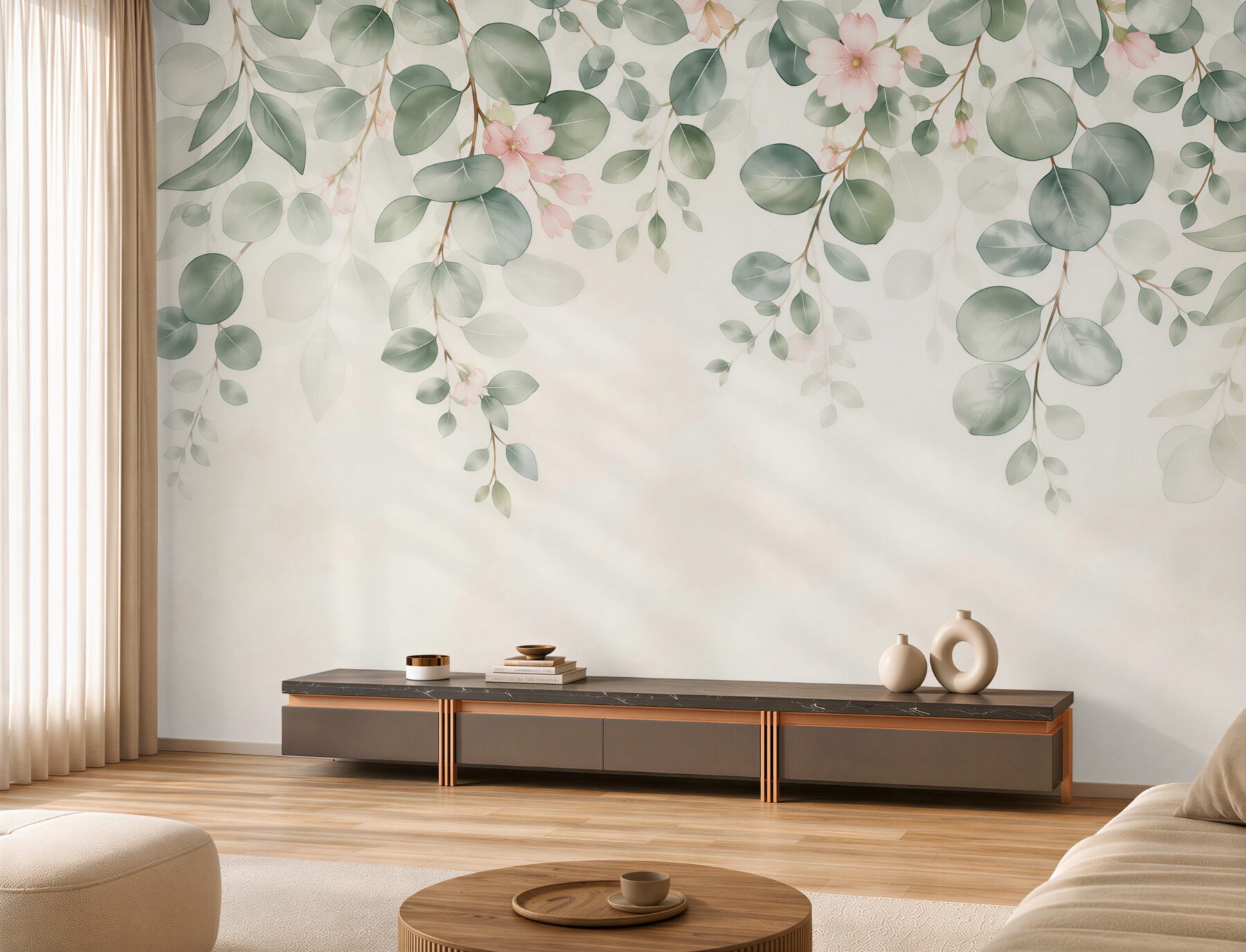 Fototapeta zielone liście i delikatne różowe kwiaty w stylu botanicznym?v23