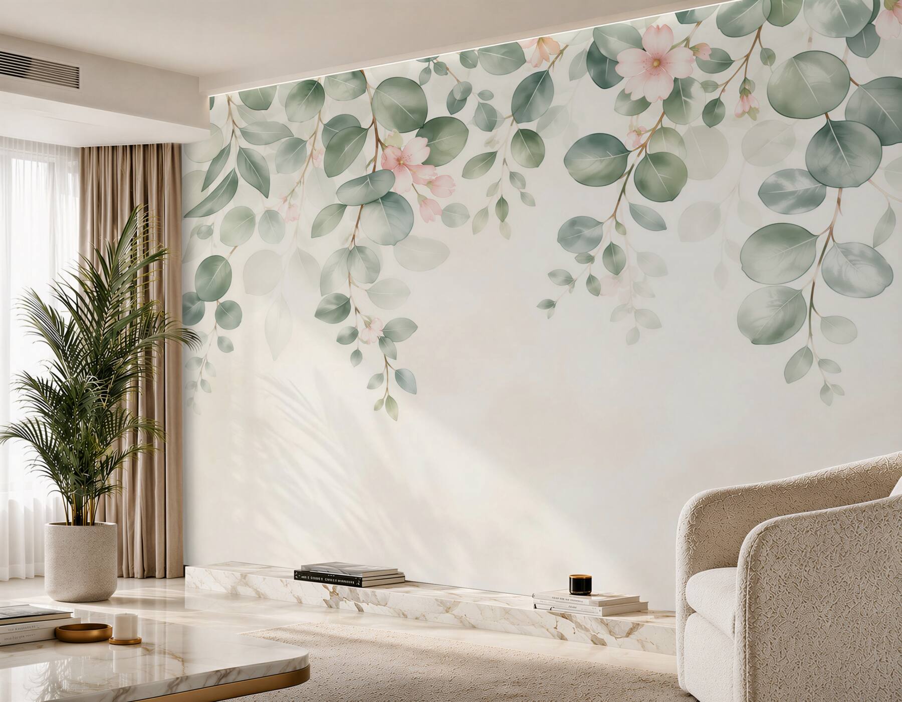 Fototapeta zielone liście i delikatne różowe kwiaty w stylu botanicznym?v23