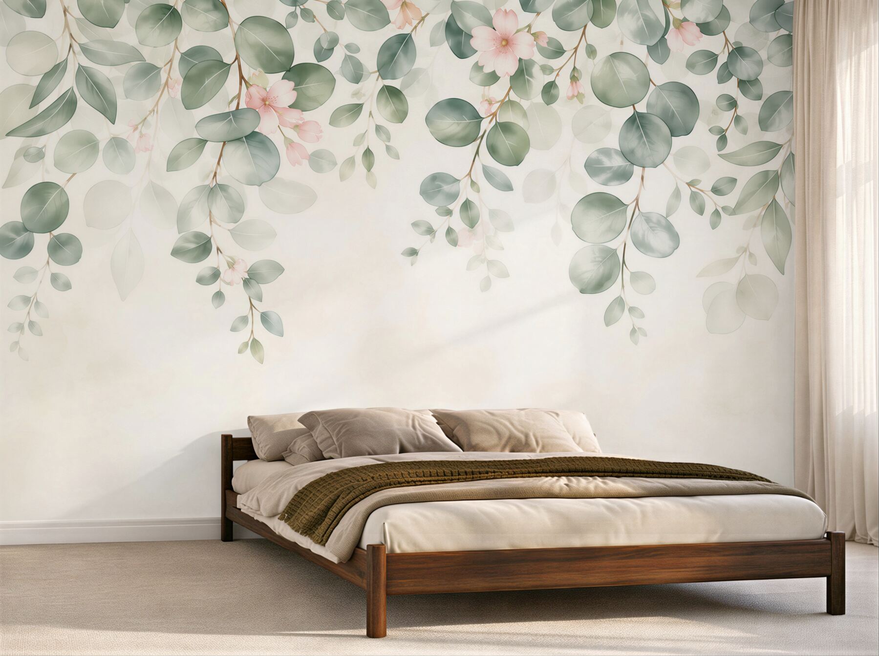 Fototapeta zielone liście i delikatne różowe kwiaty w stylu botanicznym?v23