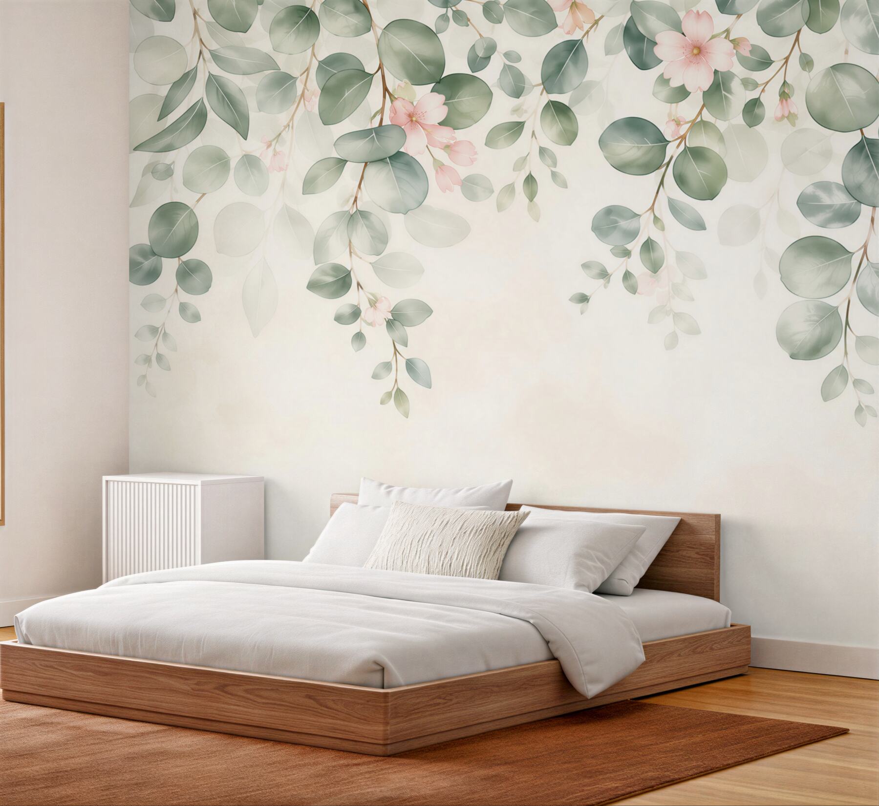 Fototapeta zielone liście i delikatne różowe kwiaty w stylu botanicznym?v23
