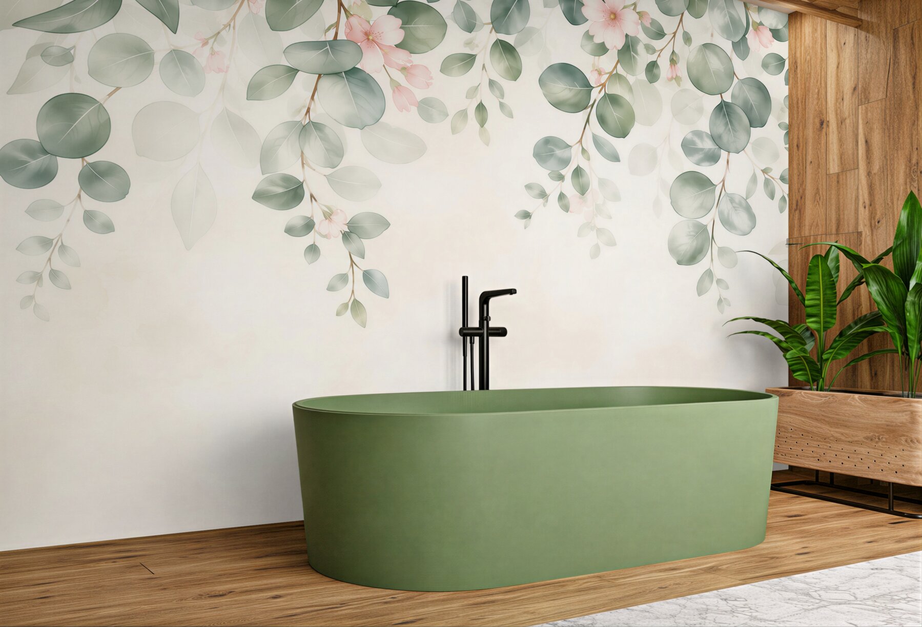 Fototapeta zielone liście i delikatne różowe kwiaty w stylu botanicznym?v23
