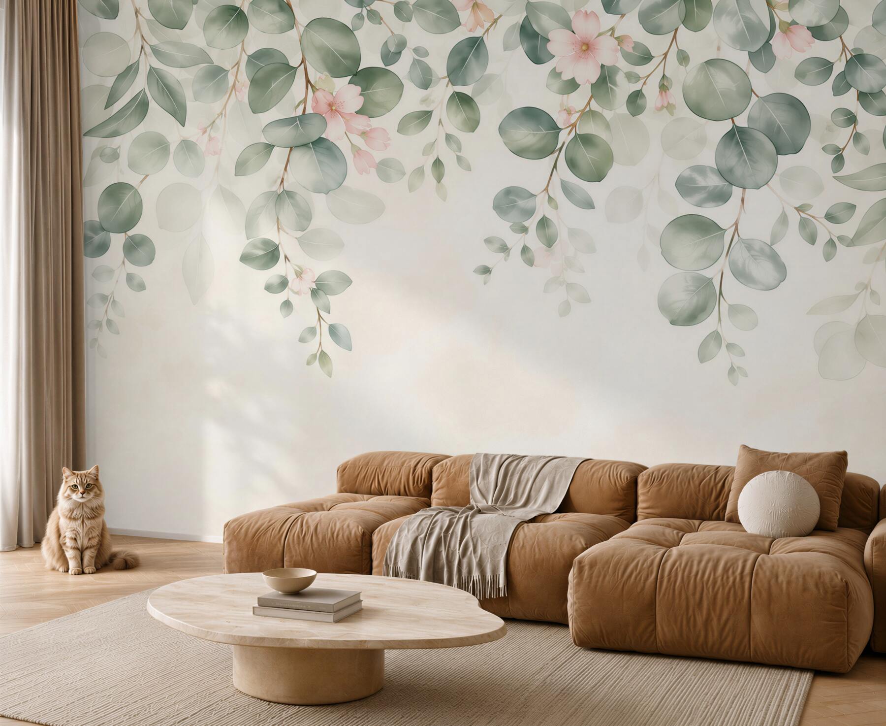 Fototapeta zielone liście i delikatne różowe kwiaty w stylu botanicznym?v23