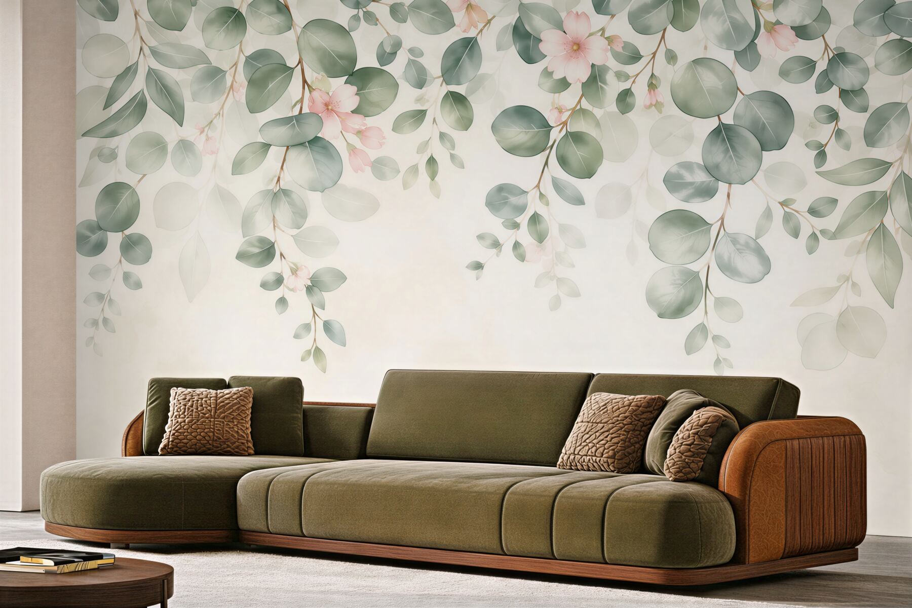 Fototapeta zielone liście i delikatne różowe kwiaty w stylu botanicznym?v23