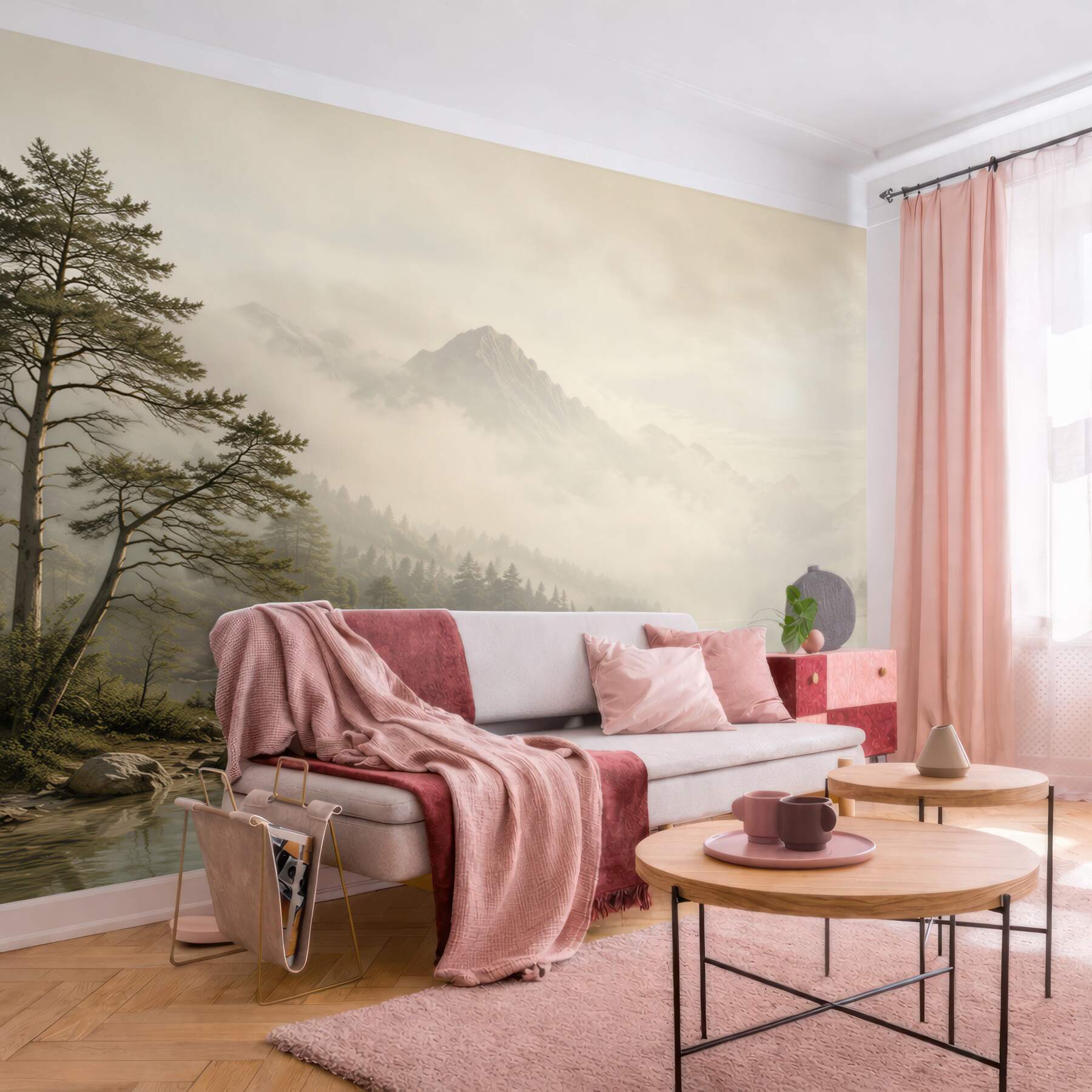 Fototapeta góry we mgle nad jeziorem spokojny pejzaż w beżowych tonach?v23