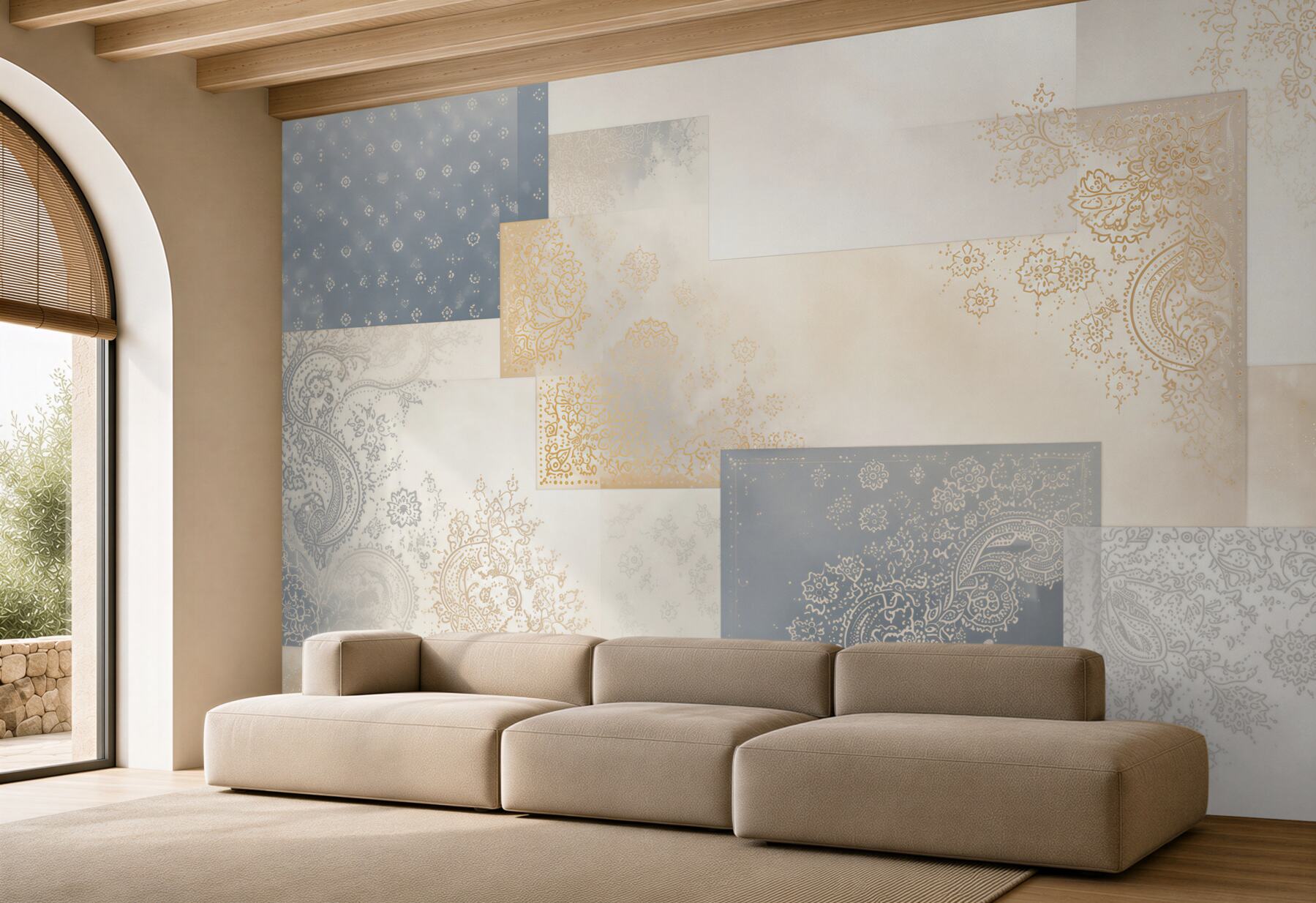 Fototapeta ornament paisley beżowo niebieski elegancki wzór patchworkowy