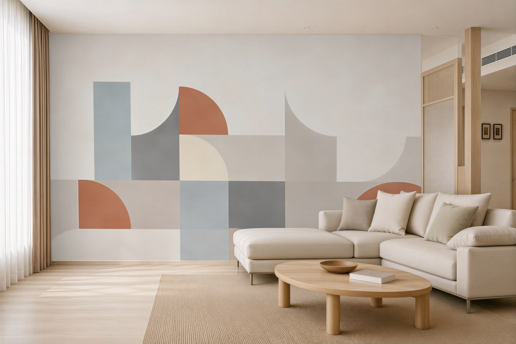 Fototapeta geometryczna abstrakcja beżowa z terakotą i błękitem