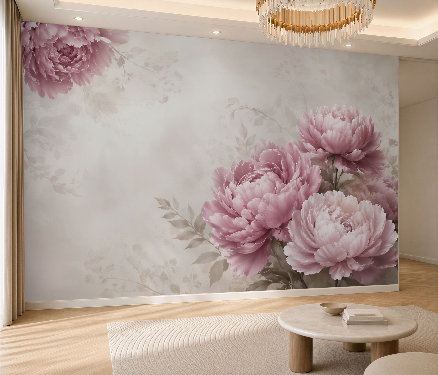 Fototapeta piwonie pudrowy róż na beżowym tle romantyczna elegancka?v23