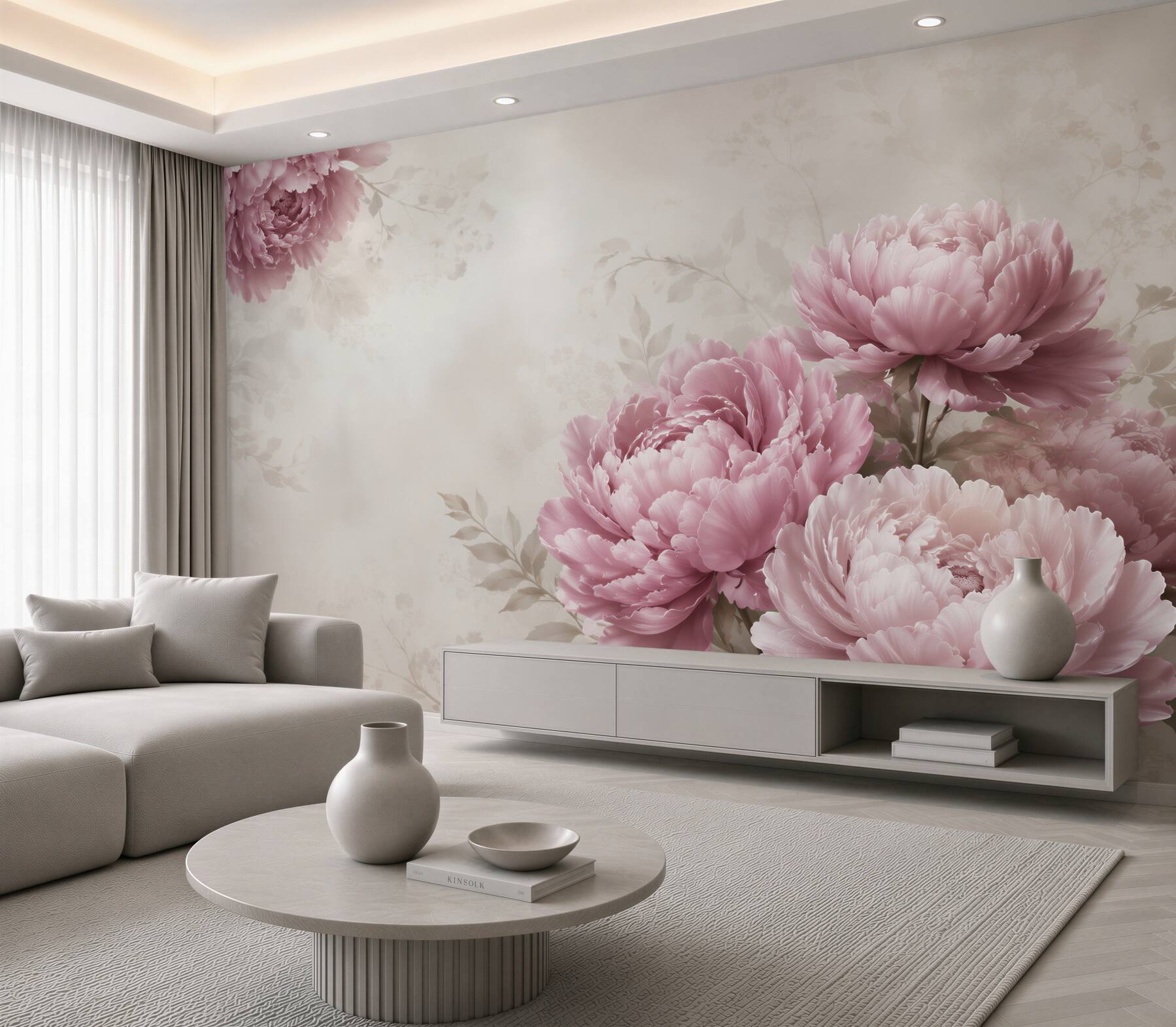 Fototapeta piwonie pudrowy róż na beżowym tle romantyczna elegancka?v23