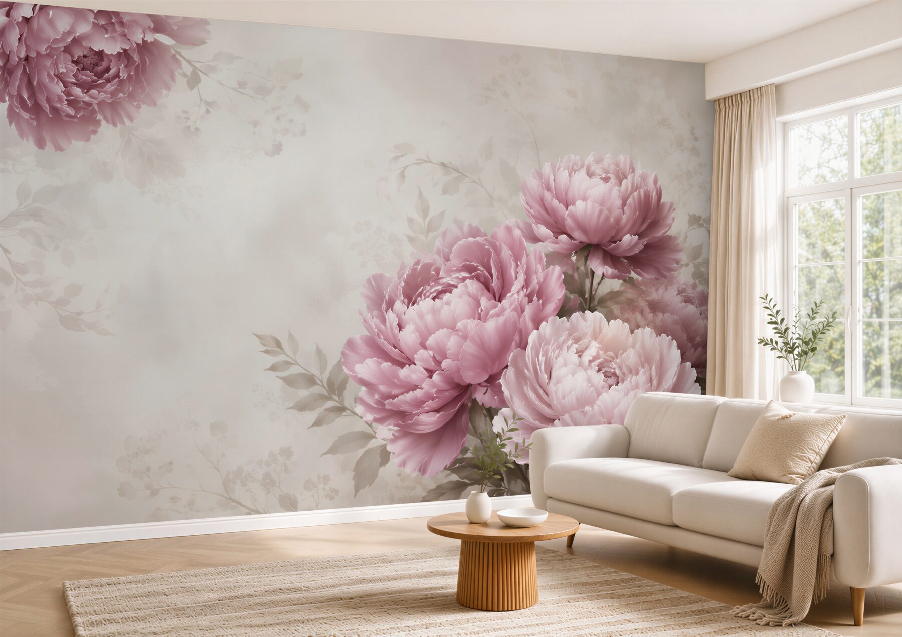 Fototapeta piwonie pudrowy róż na beżowym tle romantyczna elegancka?v23