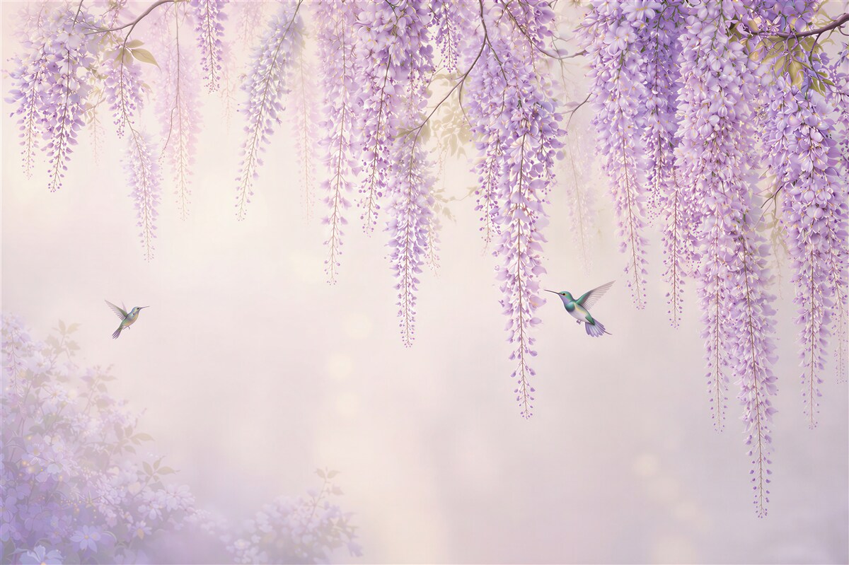 Fototapeta glicynia liliowa z kolibrami romantyczna do sypialni