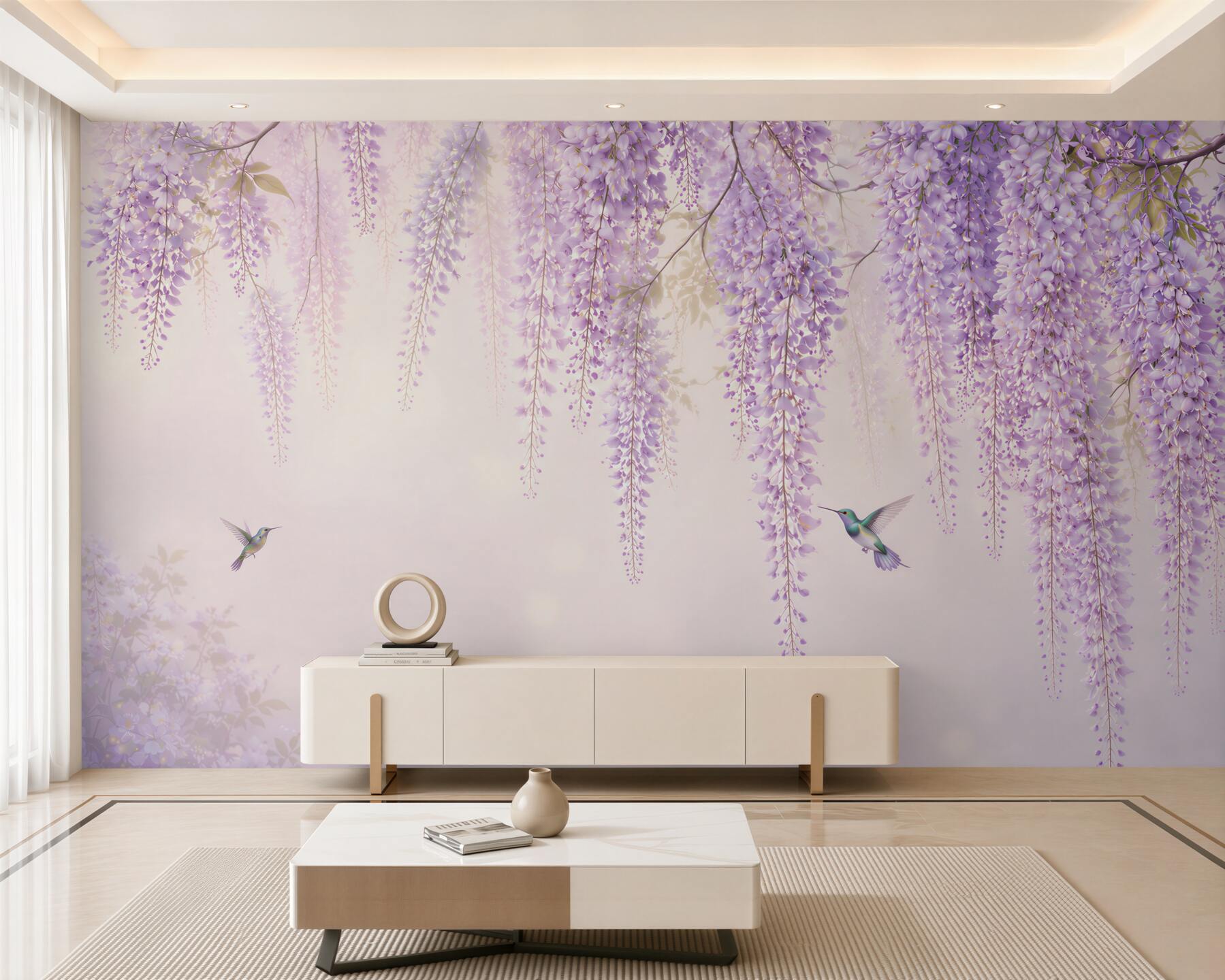 Fototapeta glicynia liliowa z kolibrami romantyczna do sypialni?v23