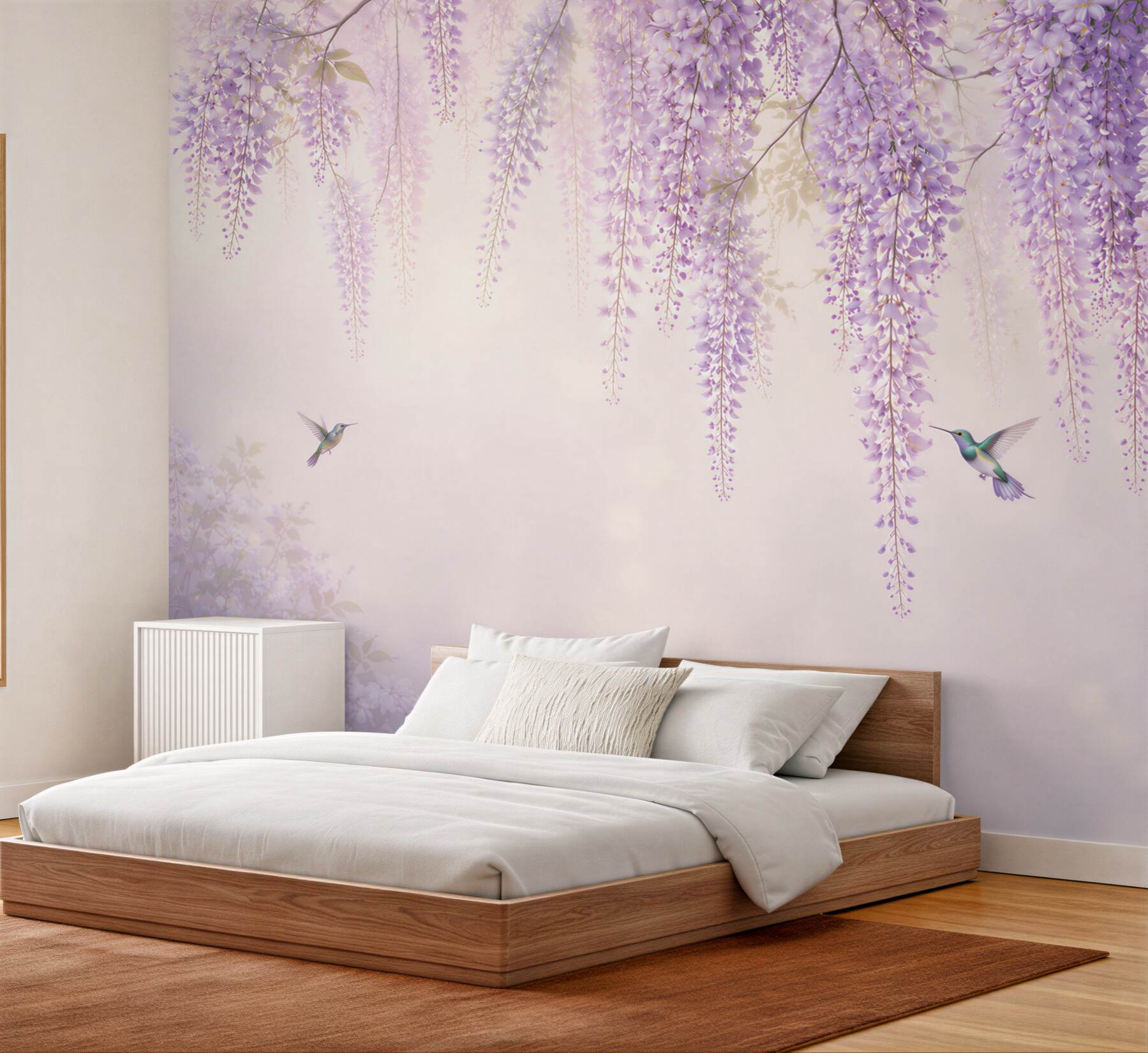 Fototapeta glicynia liliowa z kolibrami romantyczna do sypialni?v23