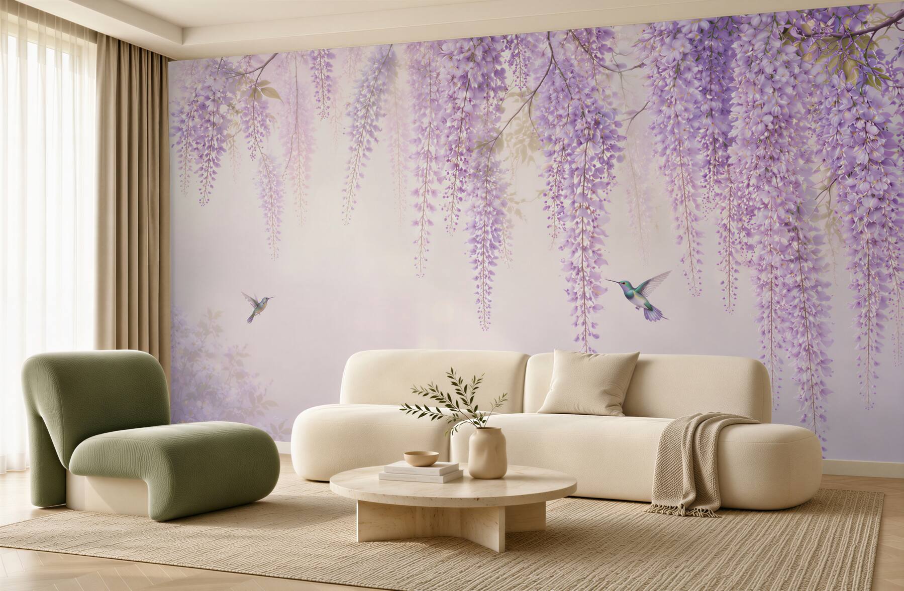 Fototapeta glicynia liliowa z kolibrami romantyczna do sypialni?v23