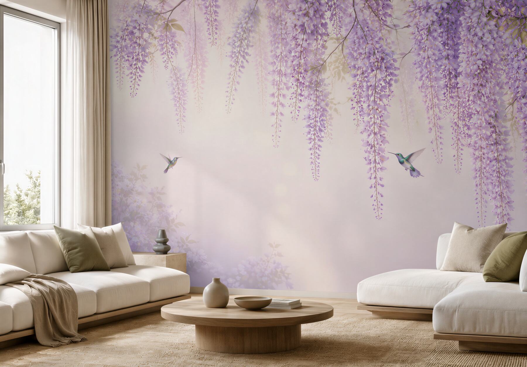 Fototapeta glicynia liliowa z kolibrami romantyczna do sypialni?v23