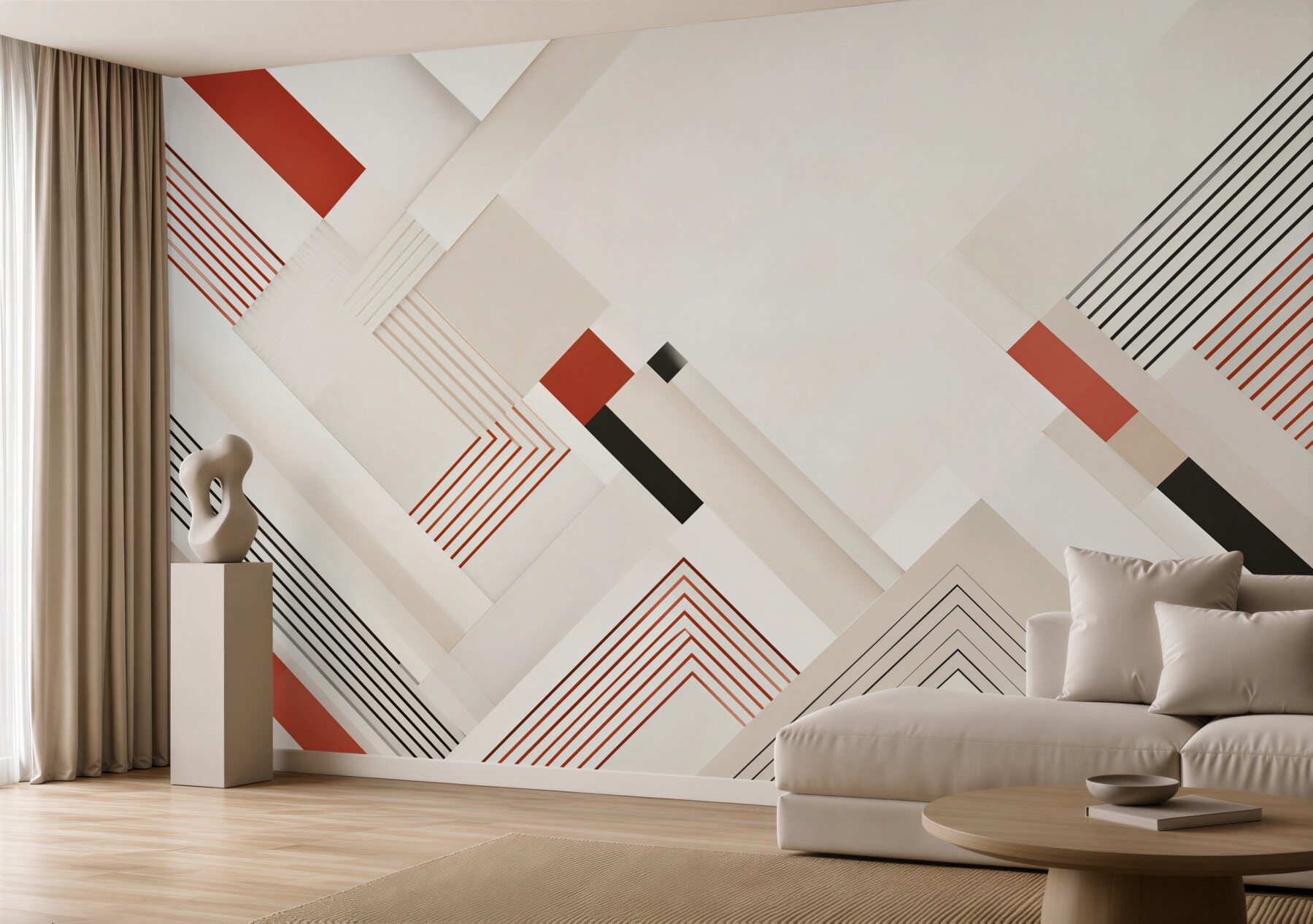 Fototapeta geometryczna beżowa z czerwienią i czernią nowoczesna abstrakcja