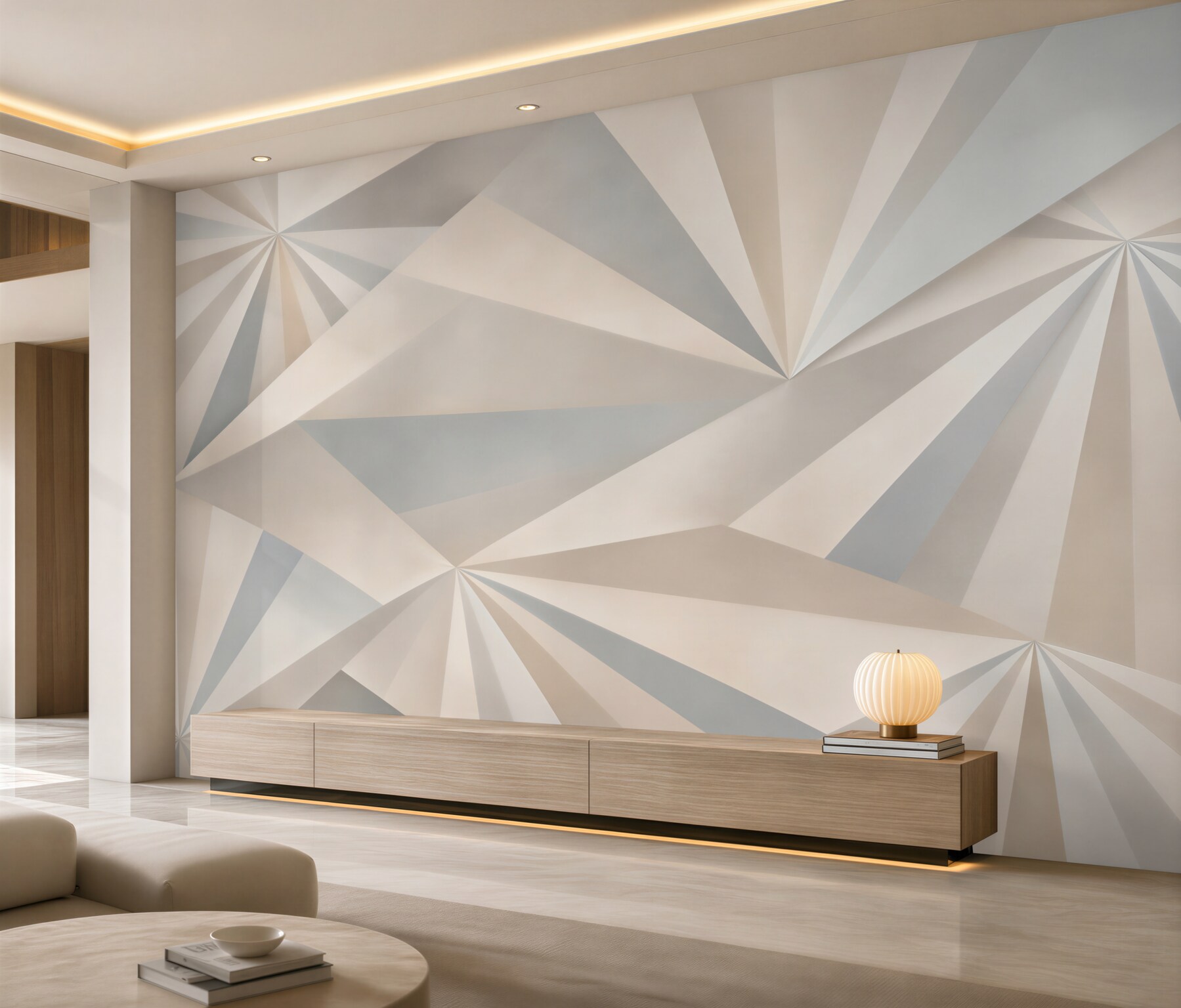 Fototapeta abstrakcja geometryczna szaro beżowa z promienistym wzorem 3D